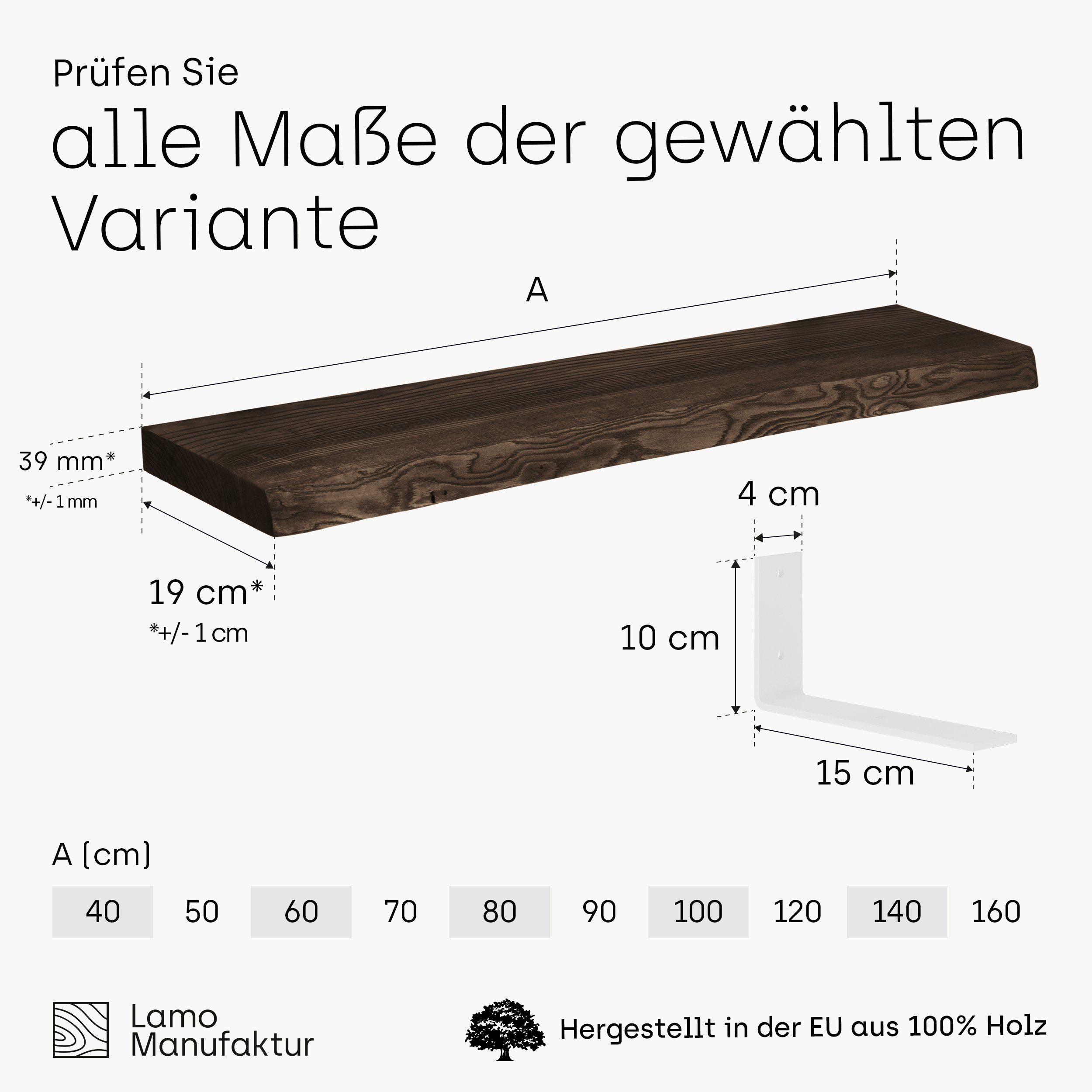 LAMO Manufaktur Wandregal Massivholzplatte stake 40mm Basic, Schwarz Komplett-Set