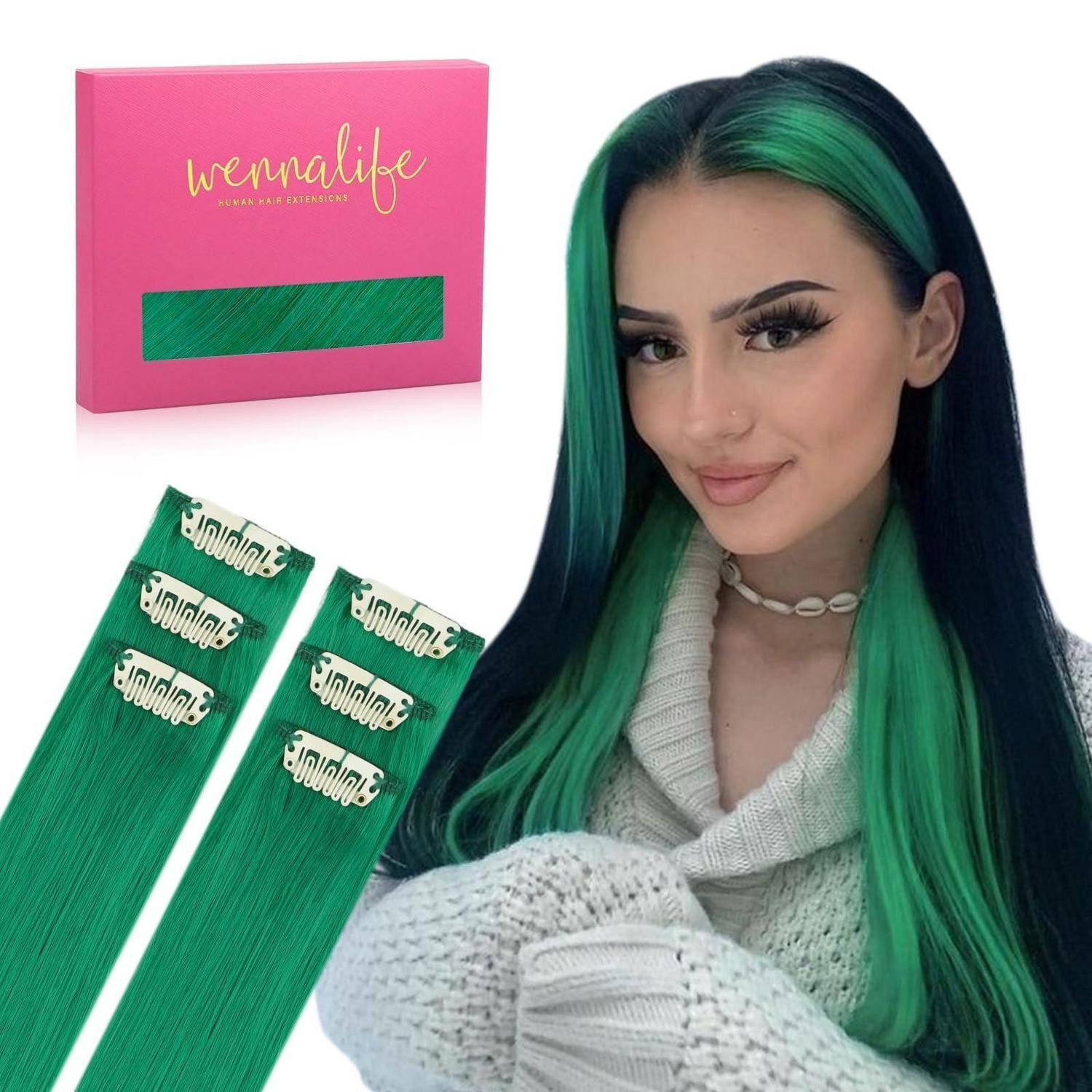 LuxusKollektion Echthaar-Extension Haarverlängerung Clip in Extensions Echthaar Remy 50cm-30g-6pcs #Grün