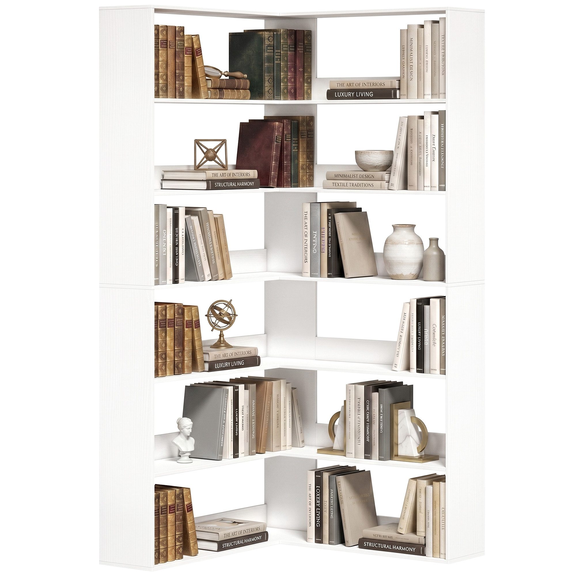 HOMCOM Bücherregal Eckregal L-förmiges Regal mit Holzoptik und Rückenschutz, Standregal 1-tlg., L-förmiges Eckregal mit 7 Ebenen, 7 cm hohe Rückwand, Kippschutz – Bild 2 von 5