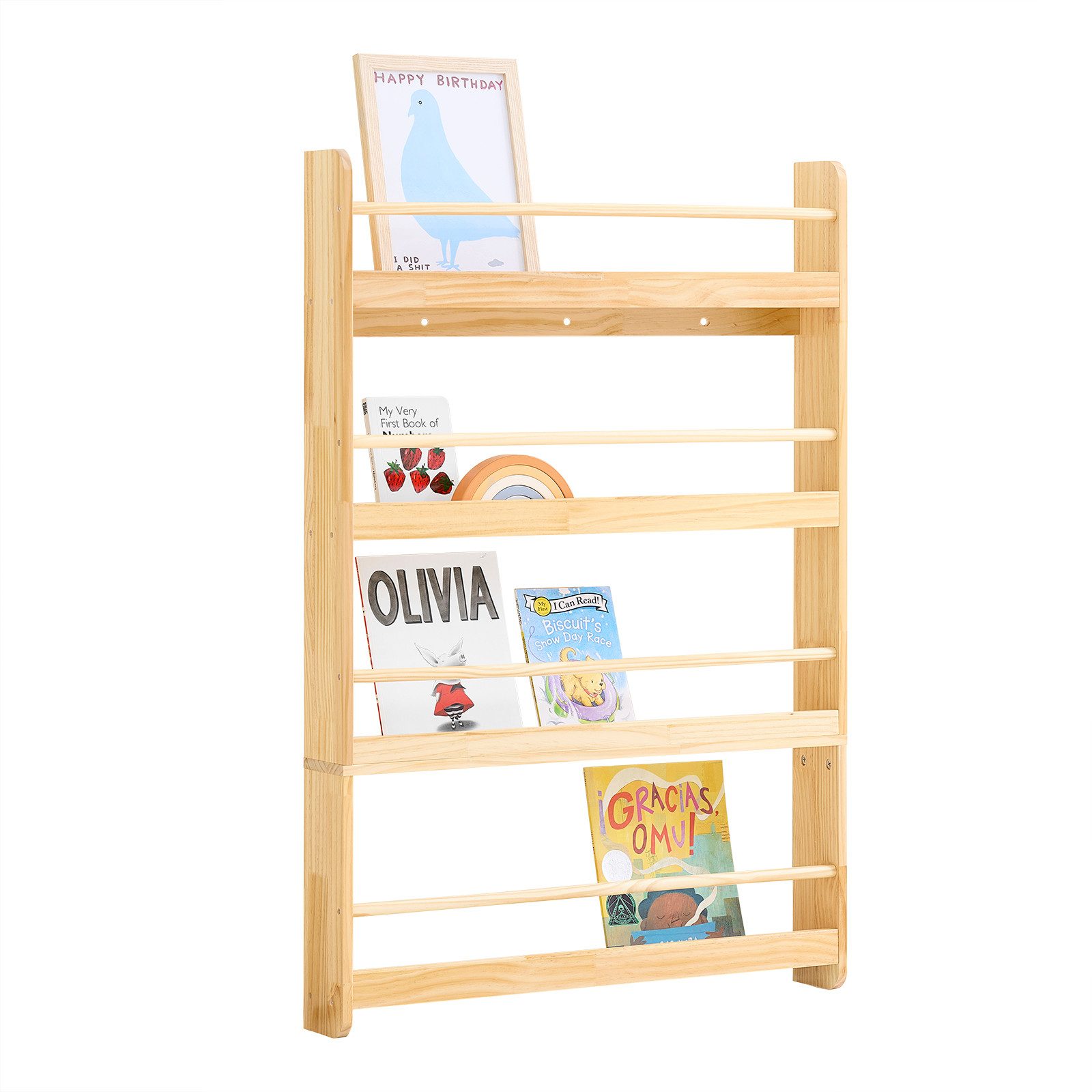 SoBuy Bücherregal DE-KMB08, Spielzeugtruhe Spielzeugregal für Kinderzimmer, Spielzimmer, mit 4 Ablagen, Kiefernholz, Kinderregal, Bücherregal Kinder, Wandregal