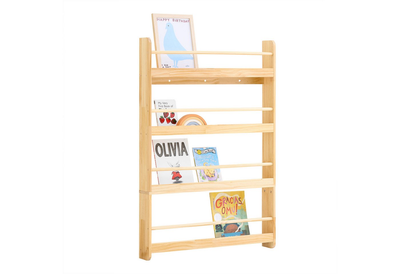 SoBuy Bücherregal DE-KMB08, Spielzeugtruhe Spielzeugregal für Kinderzimmer, Spielzimmer, mit 4 Ablagen, Kiefernholz, Kinderregal, Bücherregal Kinder, Wandregal
