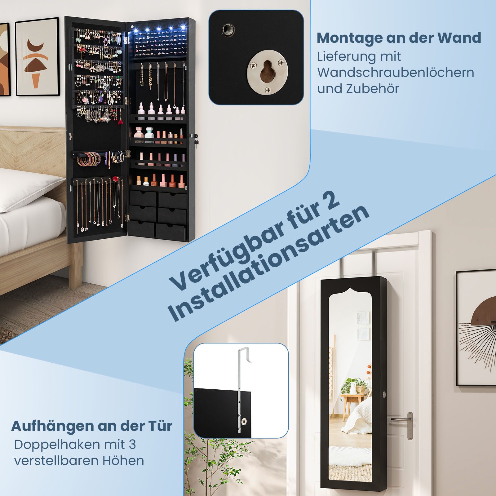 COSTWAY Schmuckschrank mit LED & Ganzkörperspiegel, günstig online kaufen