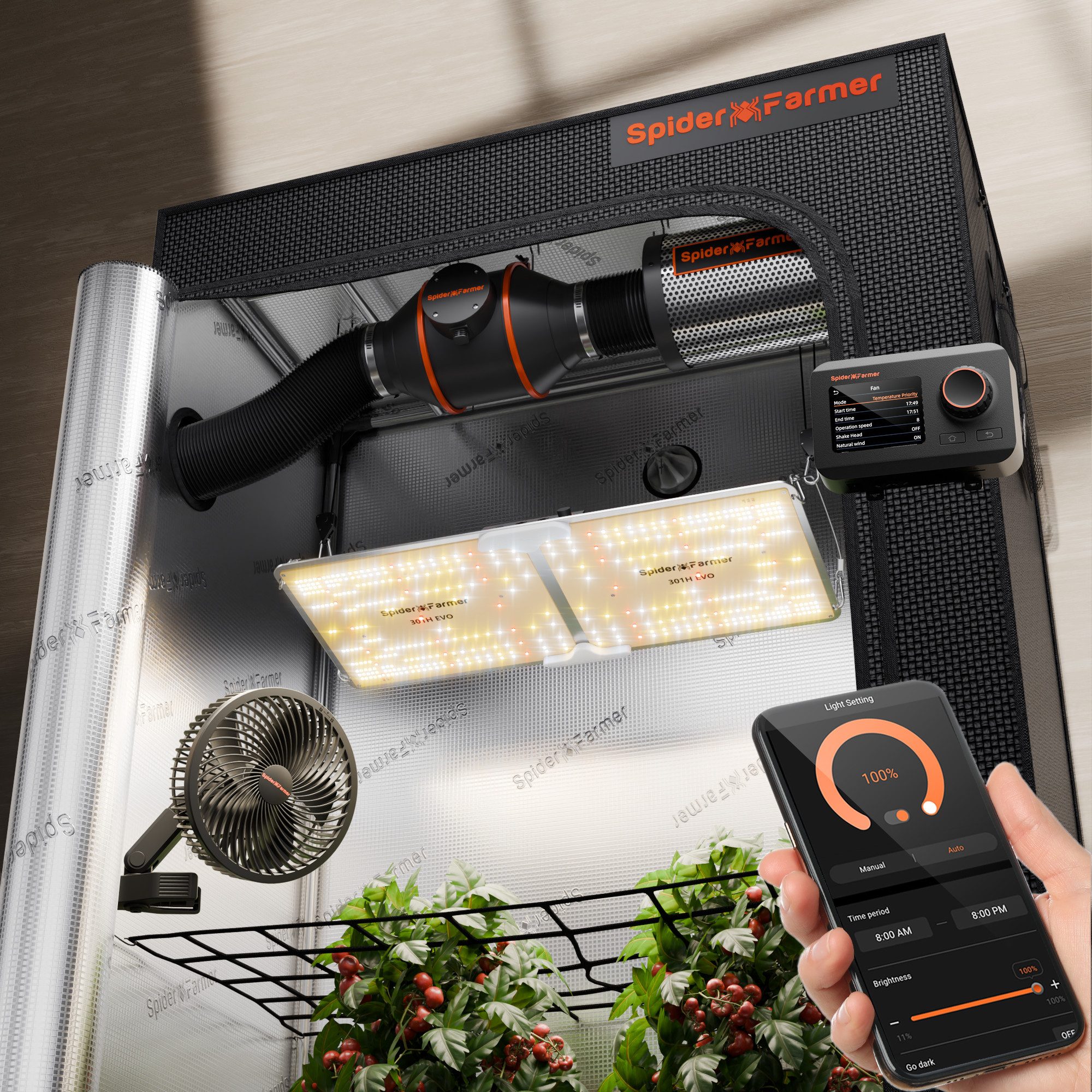 Spider Farmer Gewächshaus Spider Farmer Growbox Komplettset Smart, BxTxH: 120 x 60 x 180 cm, Growbox Komplettset mit App Steuerung und SF2000 Vollspektrum LED