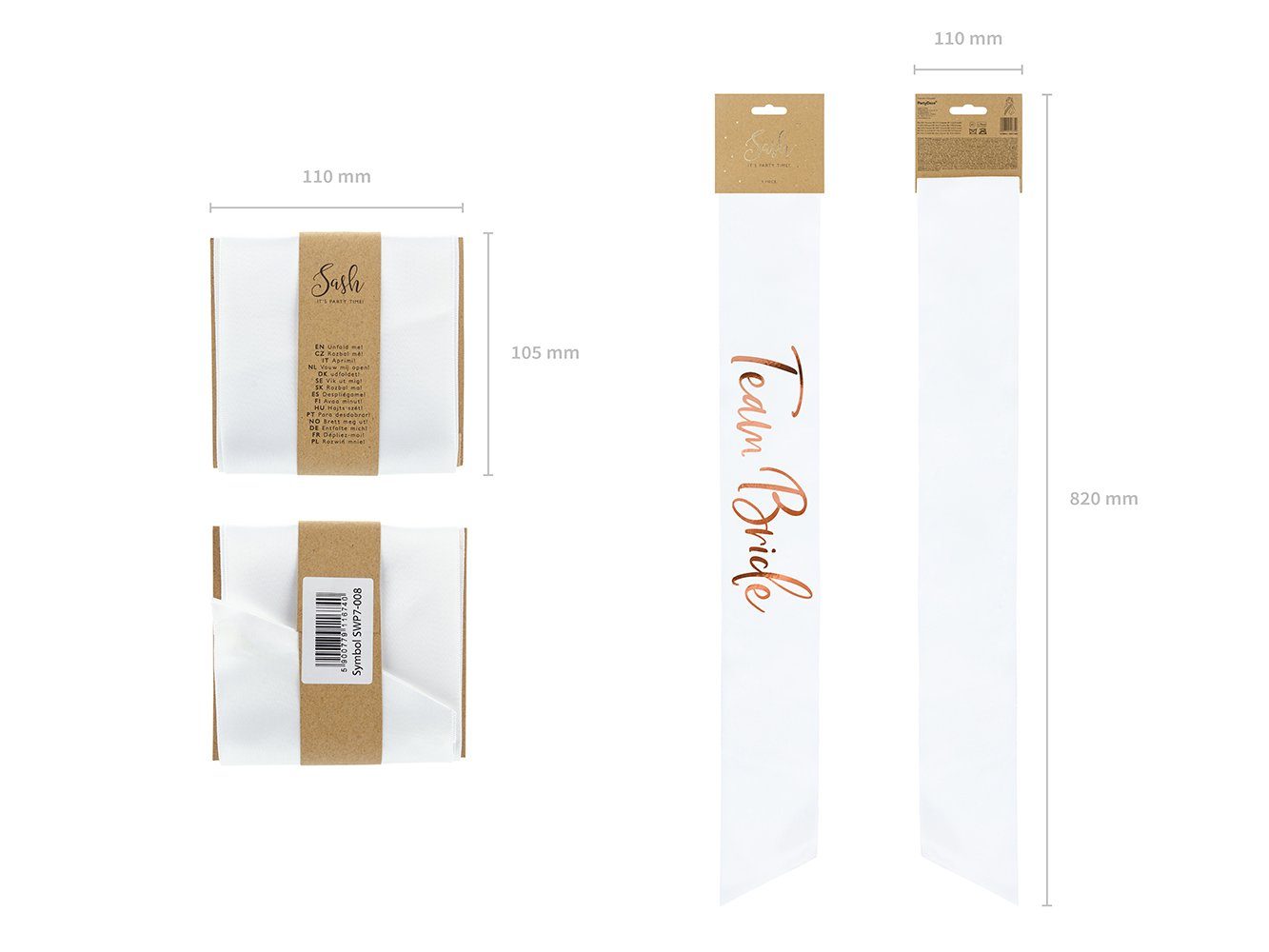 partydeco Kostüm, Schärpe Team Bride 75x10cm Satin 1 Stück Weiß / Rosegold