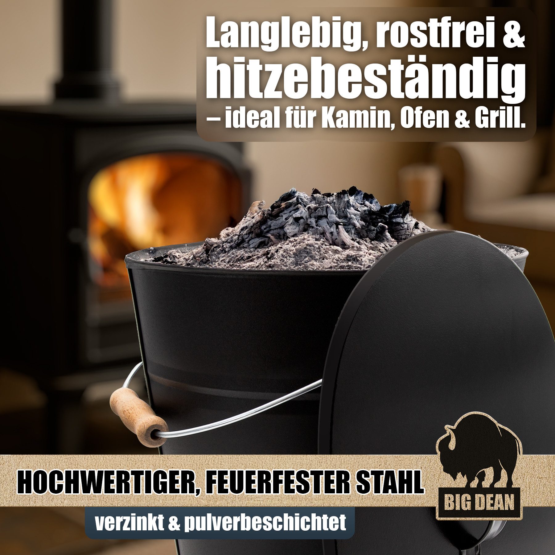 BigDean Aschekasten Ascheeimer mit Deckel 15 Liter mit Griff Ascheimer Oval