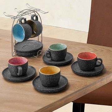 MiaMio Espressotasse Espressotassen Set 6 teilig mit Untertassen & Ständer (6 x 80 ml), Keramik