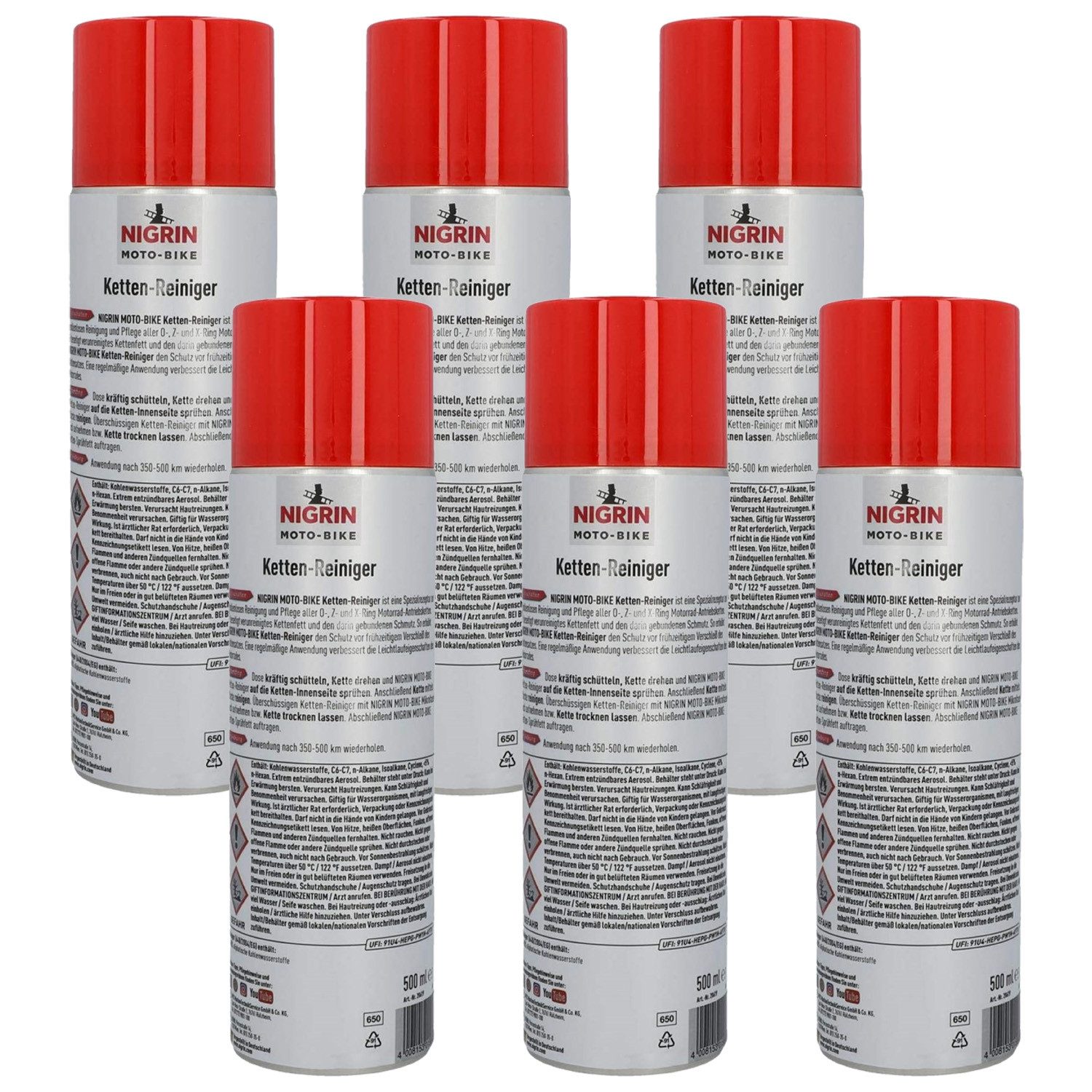 NIGRIN 6x Moto-Bike Ketten-Reiniger Ketten-Spray 3L Universalreiniger (6x Kettenreiniger Spray je 500ml, [6-St. Reinigung Pflege O-, Z- und X-Ring Leichtlaufeigenschaften)