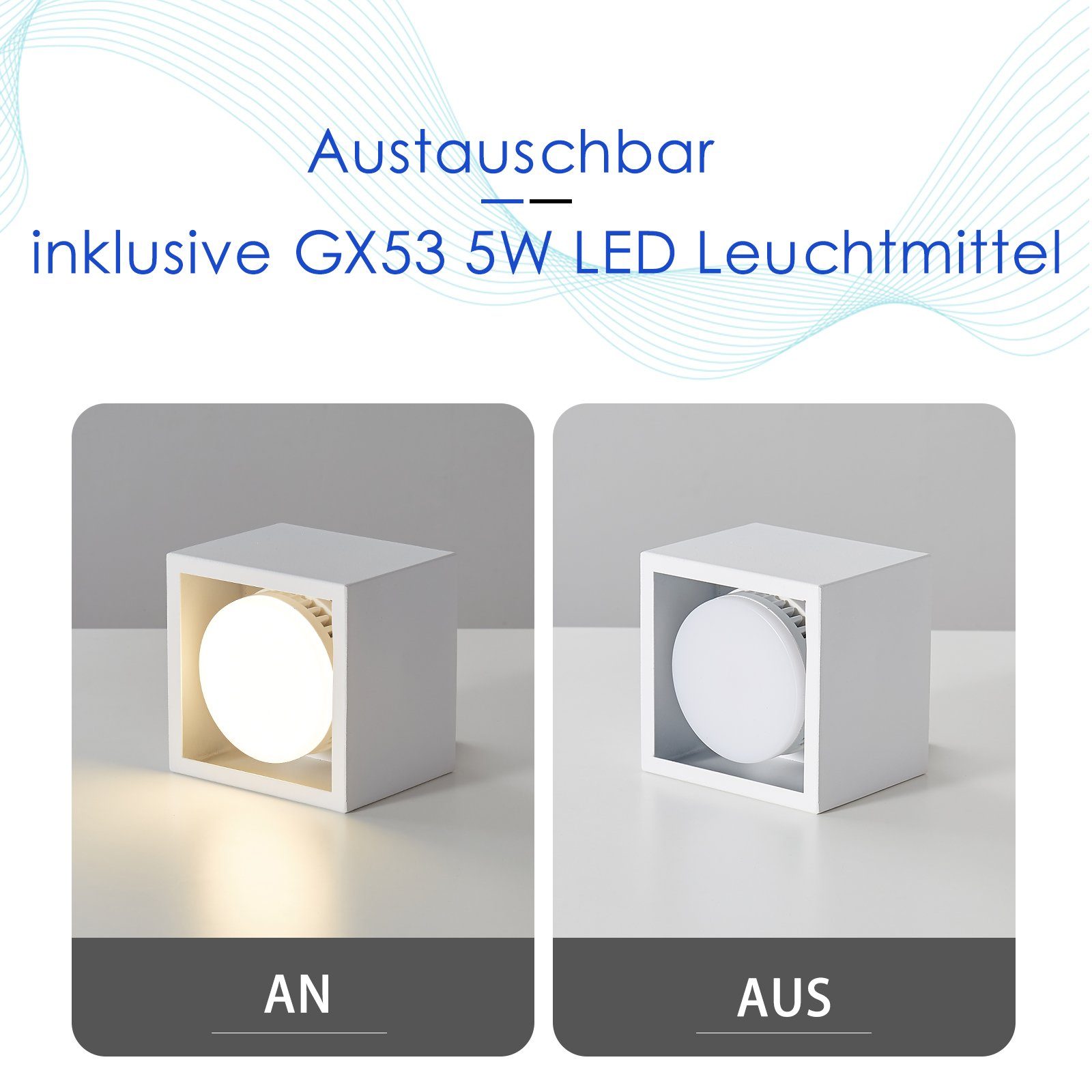 GX53 ZMH für Küche, LED fest Modern Deckenspots Weiß - Deckenleuchte Deckenleuchte 3000k, 1Flammig LED Spots Deckenstrahler Schwenkbar, Eckig integriert, Aufbauleuchte Warmweiß