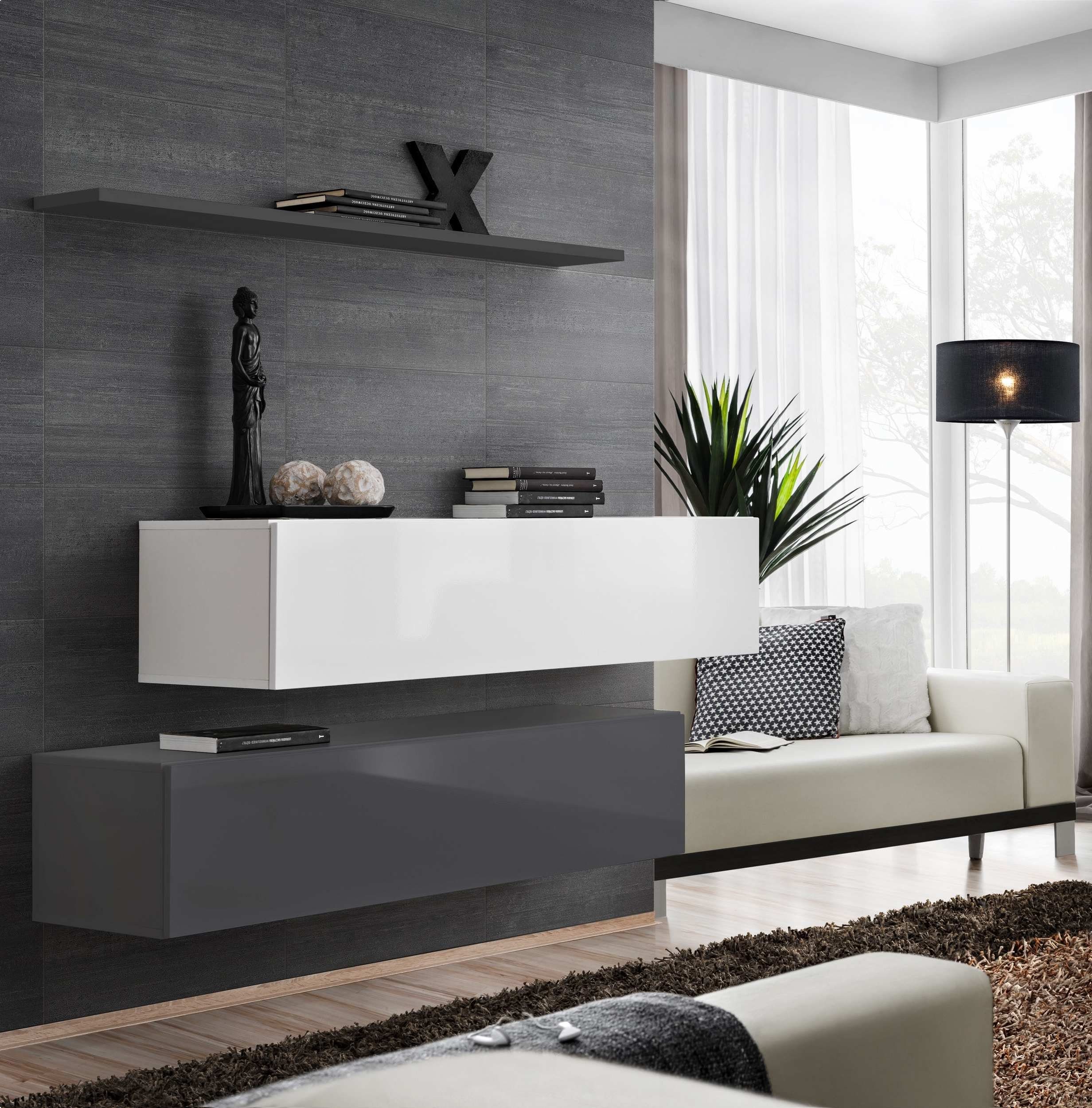 Stylefy Wohnwand Swotch SB II 110x130x30 cm, (Wohnmöbel, Wohnzimmer-Set, Set (3-St), bestehend aus 2xLowboard, 1xWandboard, Hochglanzfronten, mit Push-to-Open, Modern Weiß - Graphit