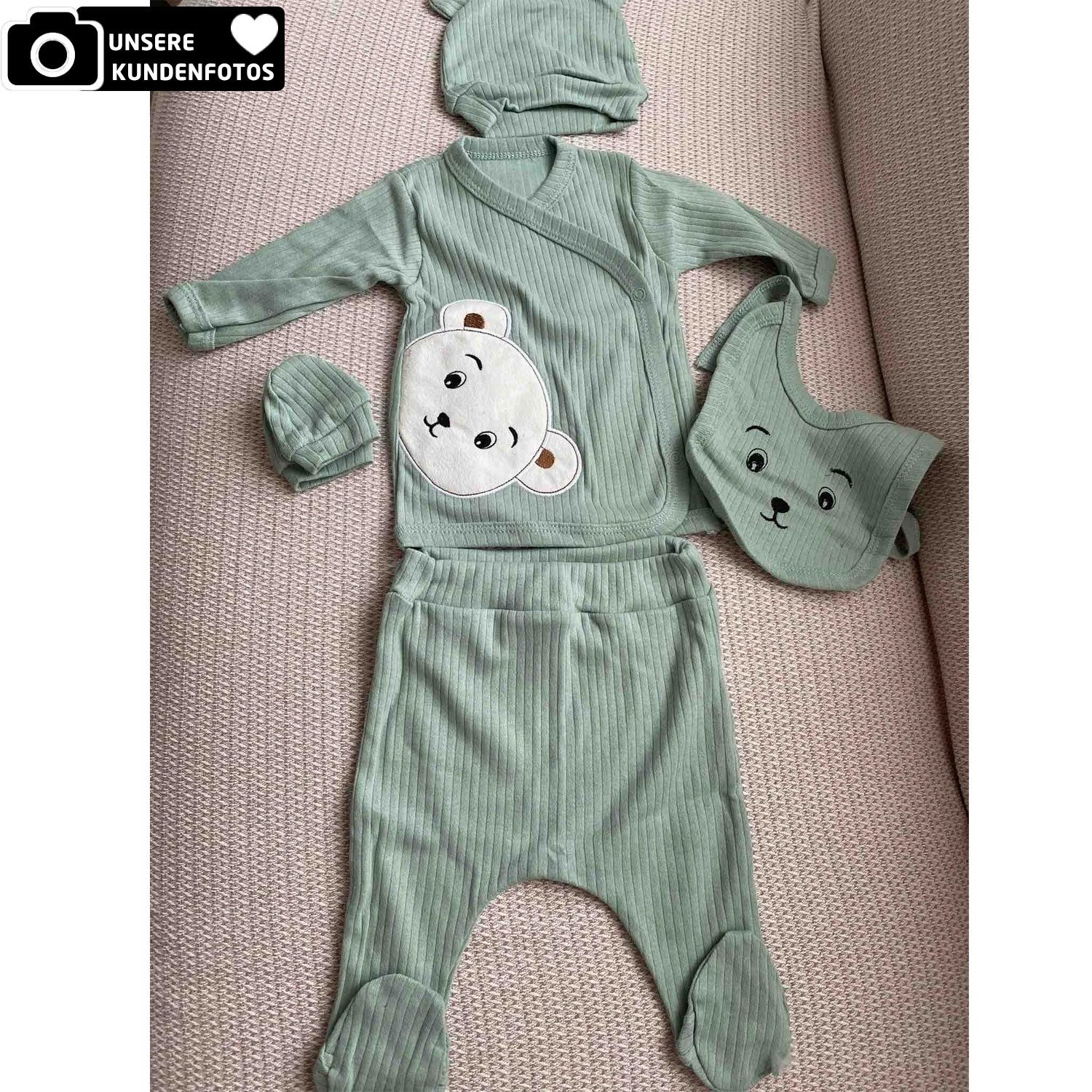 Jungengel Neugeborenen-Geschenkset Erstausstattungsset Krankenhaus-Klamotten Baby Bio (Set, 5-tlg., 5-teiliges Set: Wickelshirt, Hose, Mütze, Lätzchen und Handschuhen) 0-3 Monate, 100% Bio-Baumwolle, 5-Teilig, Bärenmotiv, Extra Weich