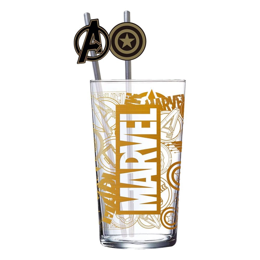 Stor Glas Marvel Glas Tumbler mit Trinkhalmen Logo & Avengers 485 ml, 1-tlg., Glas Tumbler mit Metallstrohhalmen