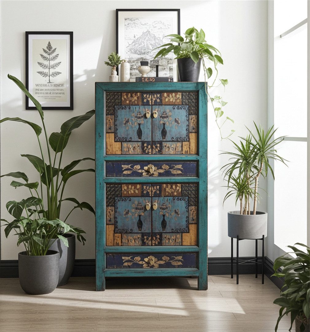 OPIUM OUTLET Kleiderschrank Möbel Asia Vintage Schrank chinesisch (Wohnzimmer Schlafzimmer Landhaus Antik-Stil, asiatisch chinesisch orientalisch) Hochzeitsschrank Hoch-Kommode komplett montiert