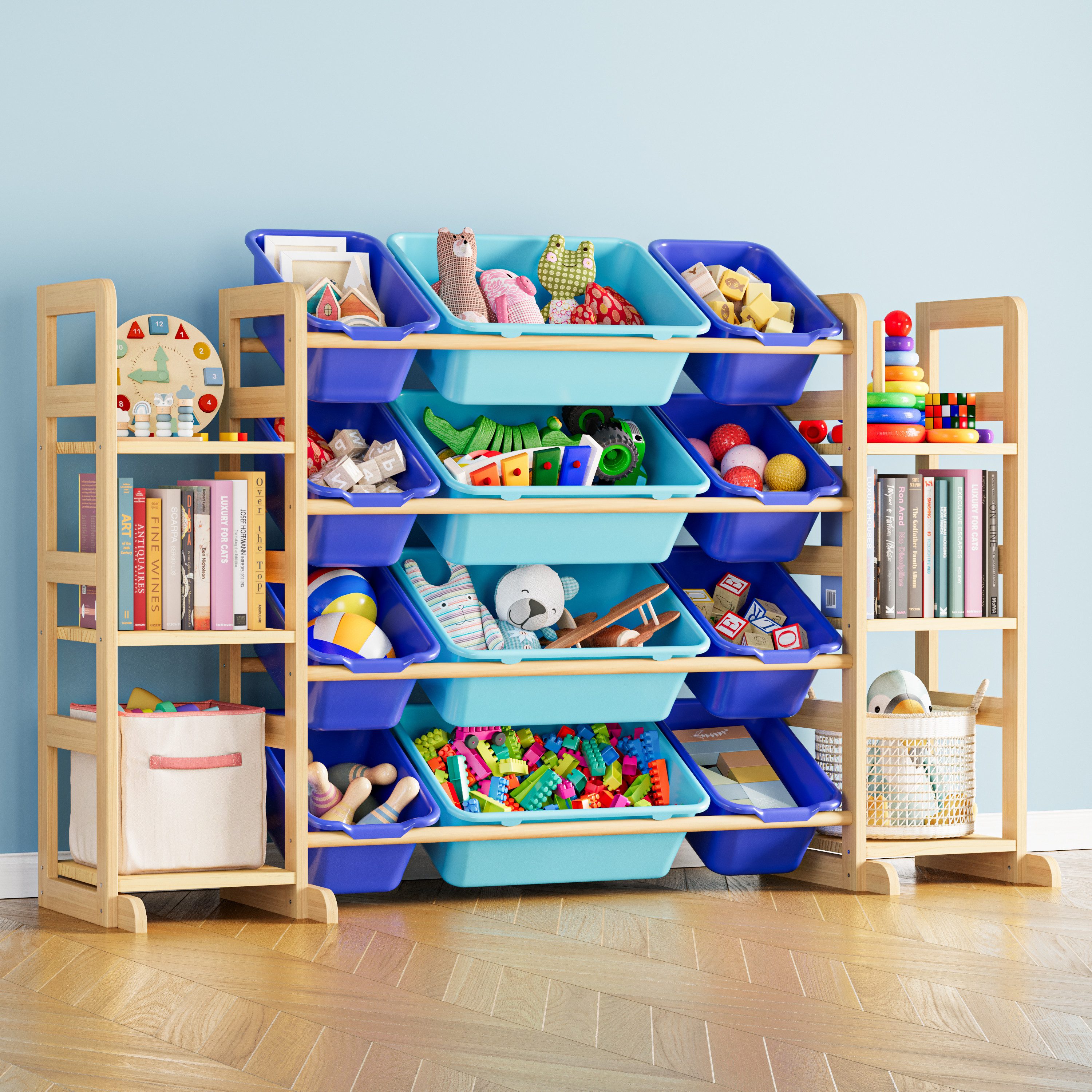 SpaceAid Kinderregal mit 6 Regalen und 12 Behältern, Spielzeug Regal, Bücherregal Kinder