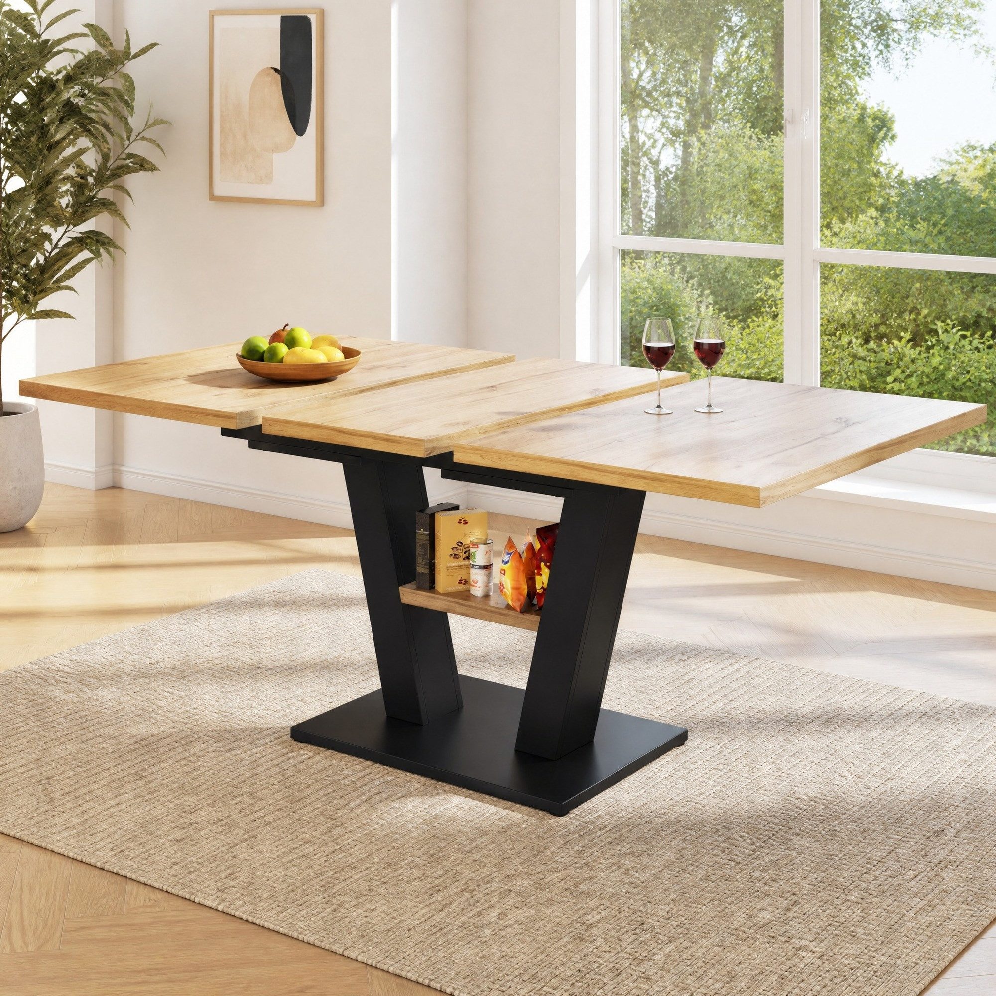 REDOM Esstisch 118-157x70x75 cm ausziehbar, Black+Natural (Ausziehbarer Esstisch mit Teleskopfunktion (118-157 cm), MDF Tischplatte in Holzoptik, stabiler Metallrahmen., 1-St)