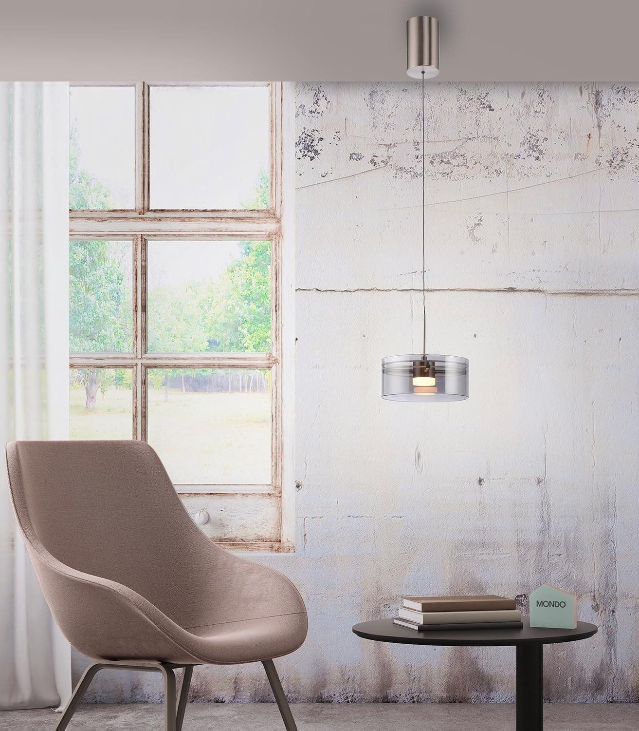 MONDO LED Pendelleuchte KARENA, 1-flammig, Rauchfarben, Stahlgrau, Metall, Höhenverstellbar, LED fest integriert, Extra-Warmweiß, Rauchglas, Ø 20 x H 180 cm