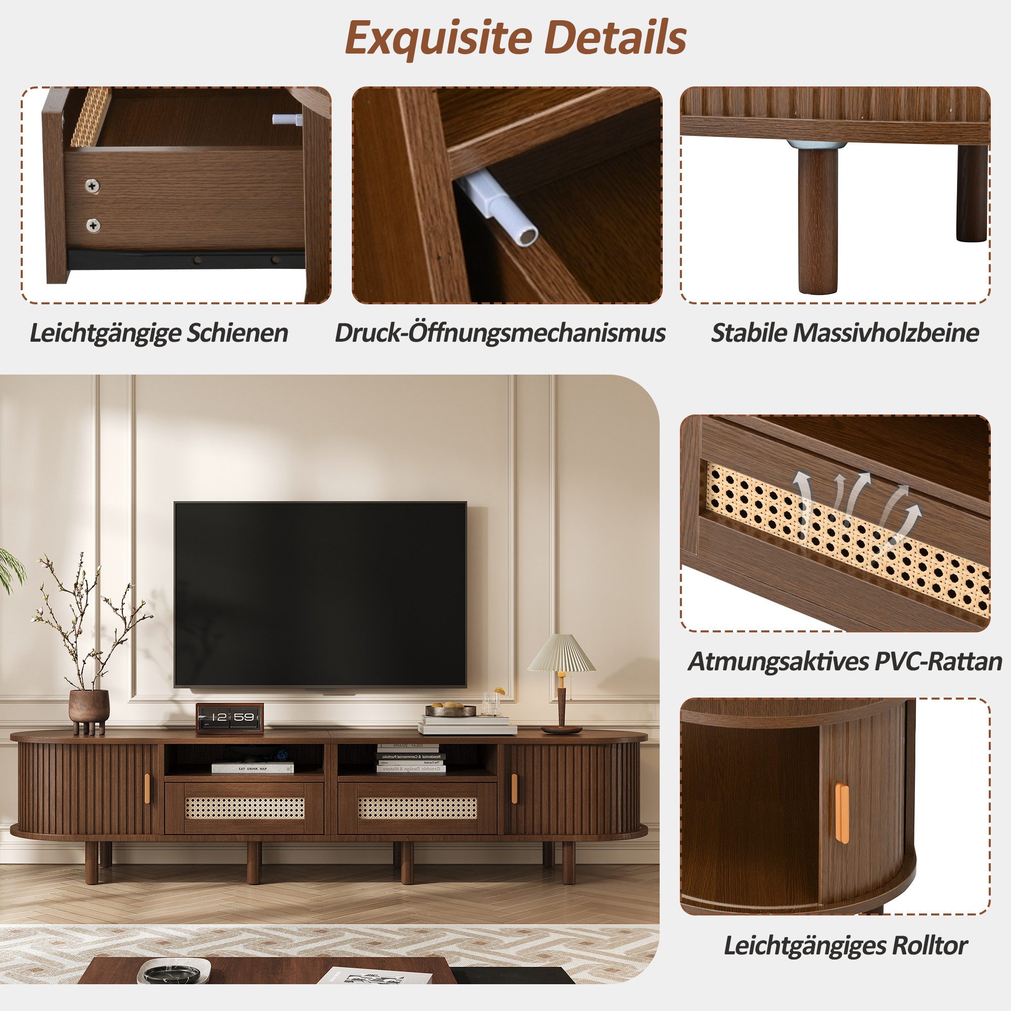 Merax Lowboard Retro-Modernes TV-Board in Walnuss/Natur (1 St., Fernsehtisch Ovales Lowboard), TV-Schrank mit 2 Rattan-Schubladen, 2 Schiebetüren & 8 stabilen B – Bild 4 von 5