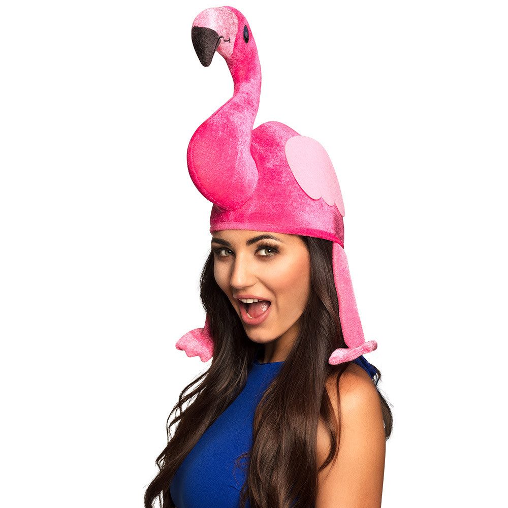 Boland Kostüm Hut Flamingo lustiger Tier-Hut in Pink Karneval Accessoire für Party, witziger Kopfschmuck im pinken Plüsch - Spaßfaktor