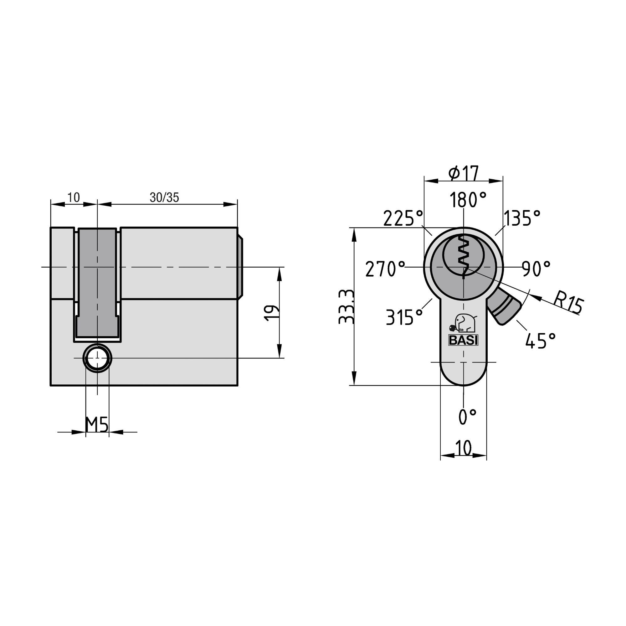 BASI Profilzylinder V50, Verschiedenschließend, diverse Längen, (Packung, 1-St), Halbzylinder 10/30 mm, 8-fach vestellbare Schließnase, 3 Schlüssel