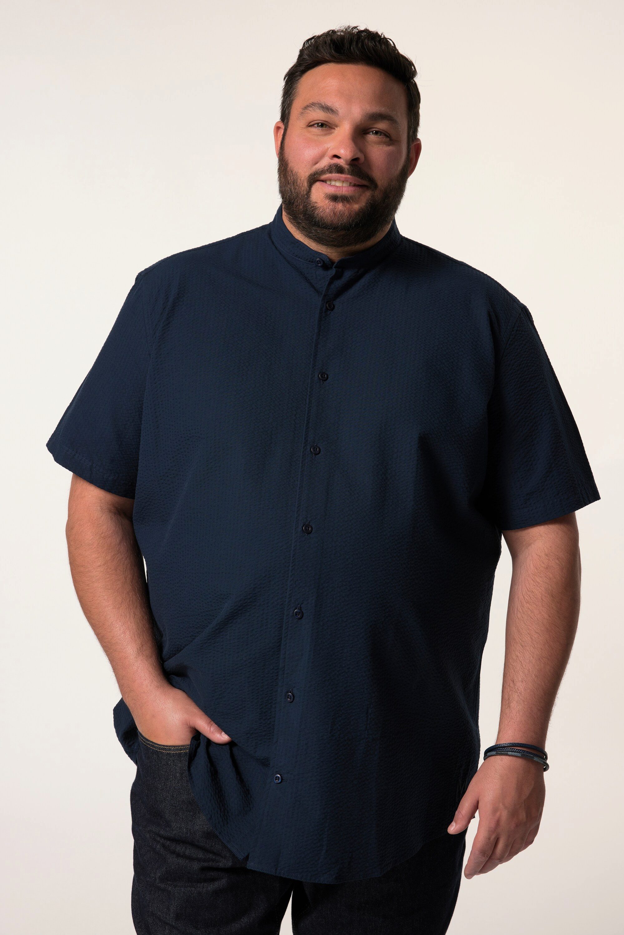 Men Plus Kurzarmhemd Hemd Halbarm Stehkragen Seersucker Comfort Fit