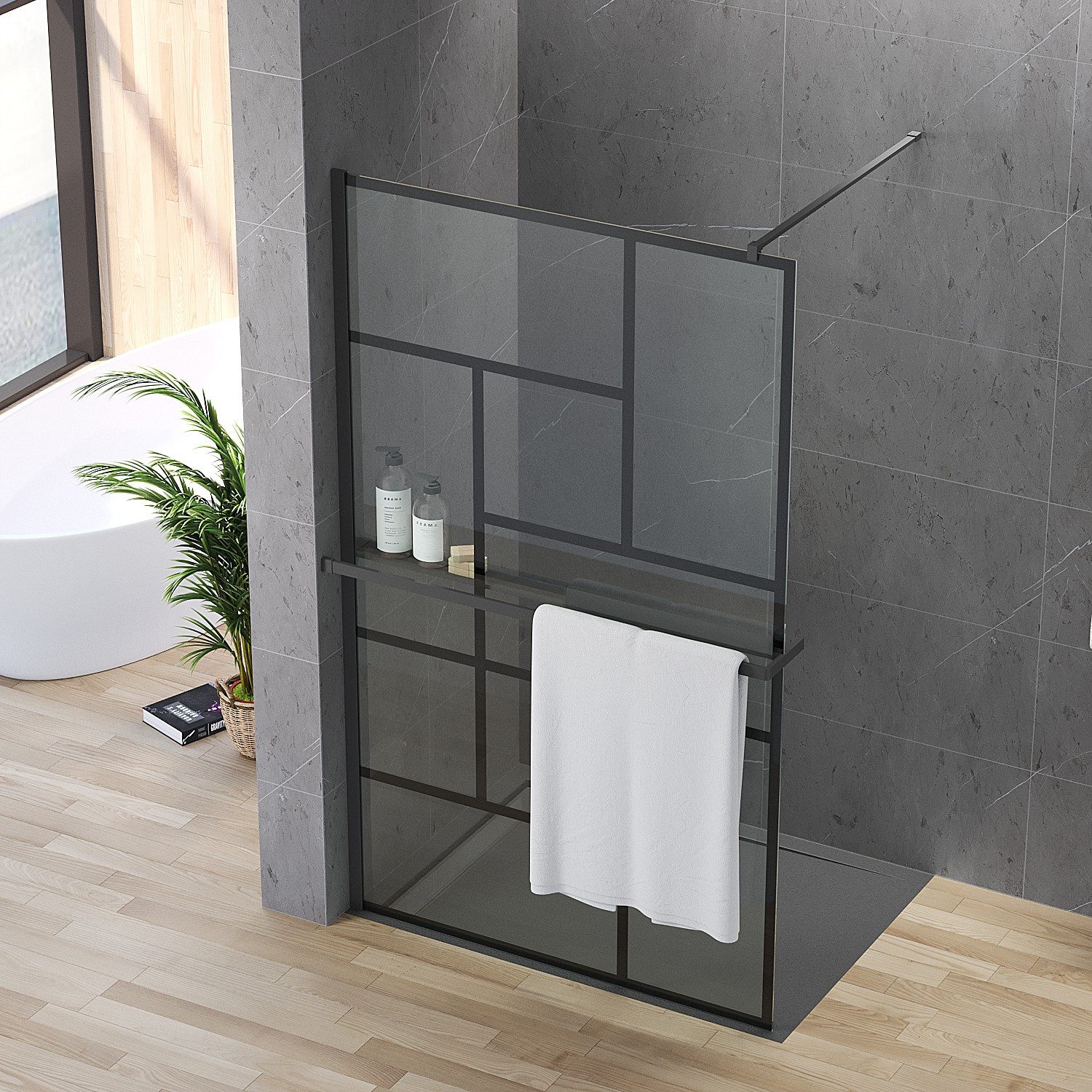 AQUALAVOS Walk-in-Dusche Duschabtrennung mit Handtuchhalter & Ablage Mattschwarz Dekor Kariert, 8mm Sicherheitsglas mit NANO Beschichtung, 100/120×200 cm links/rechts montierbar auf Duschwanne oder Boden