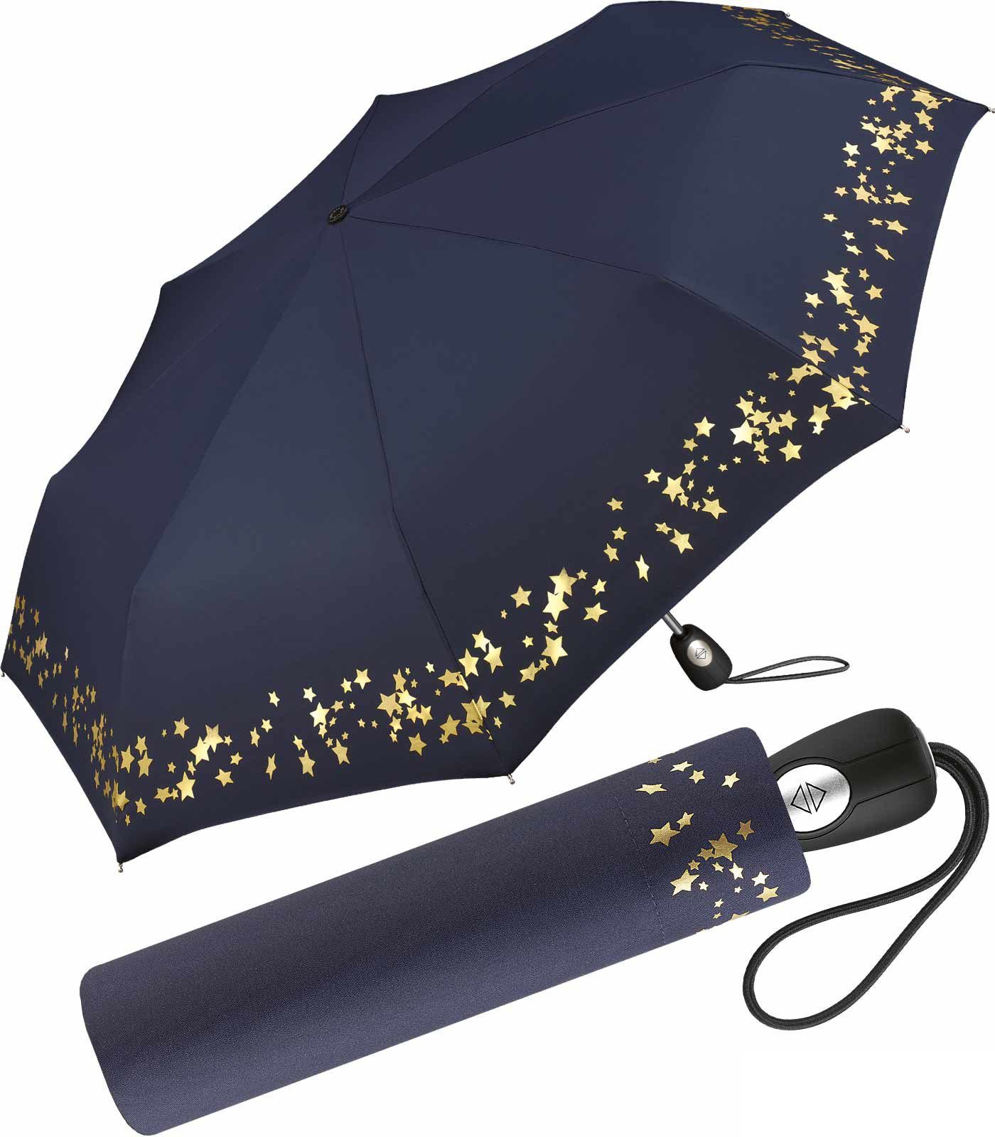 Pierre Cardin Taschenregenschirm blau-gold mit in Damen-Regenschirm traumhafte verspieltem Design Auf-Zu-Automatik, Sterne schöner