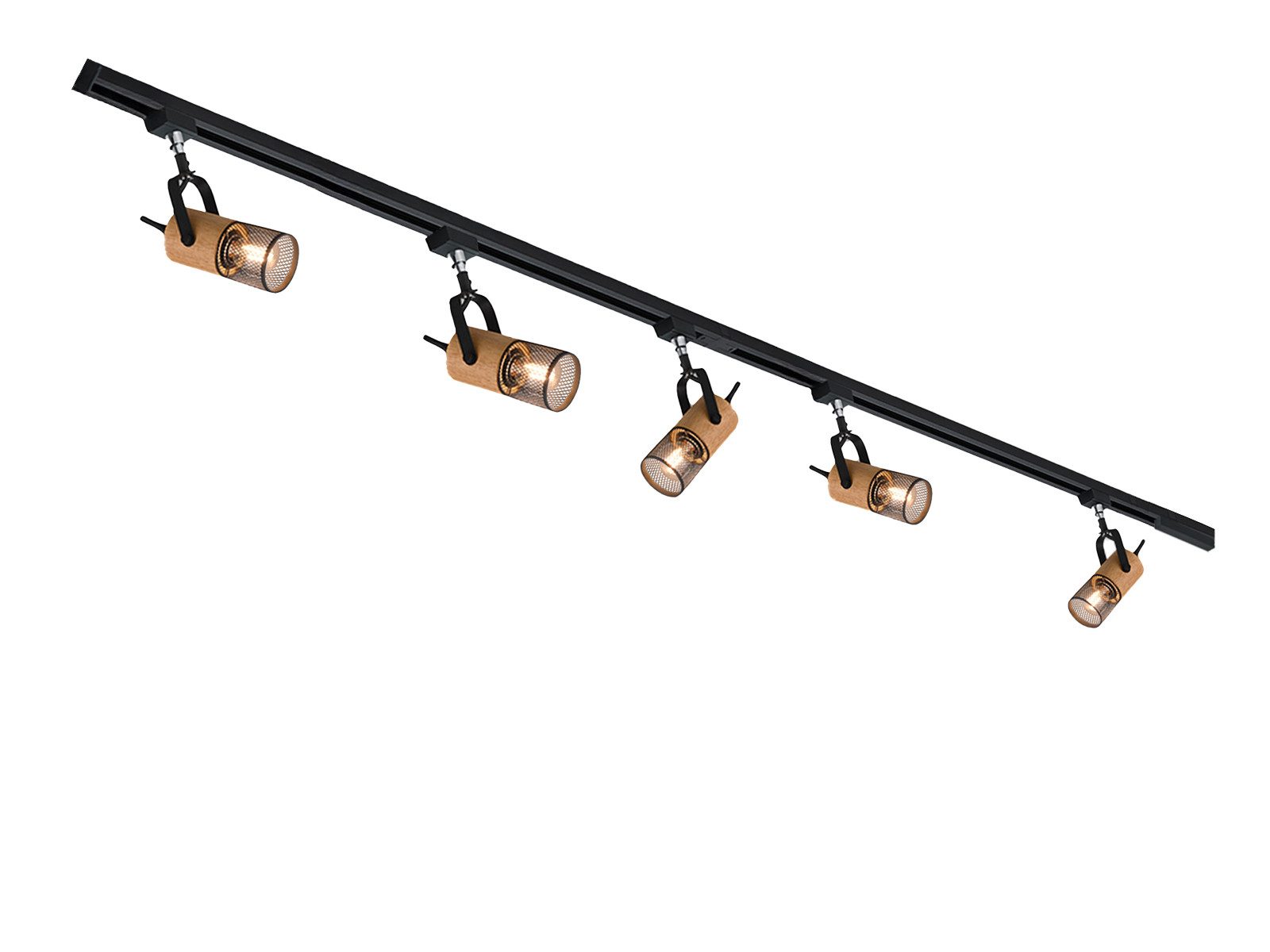 TRIO Leuchten Schienensystem-Sets komplett mit 5 Strahlern, Länge 202,5cm, ohne Leuchtmittel, 2-Phasen Lichtschienensystem mit 5 Holz Spots für Wand & Decke