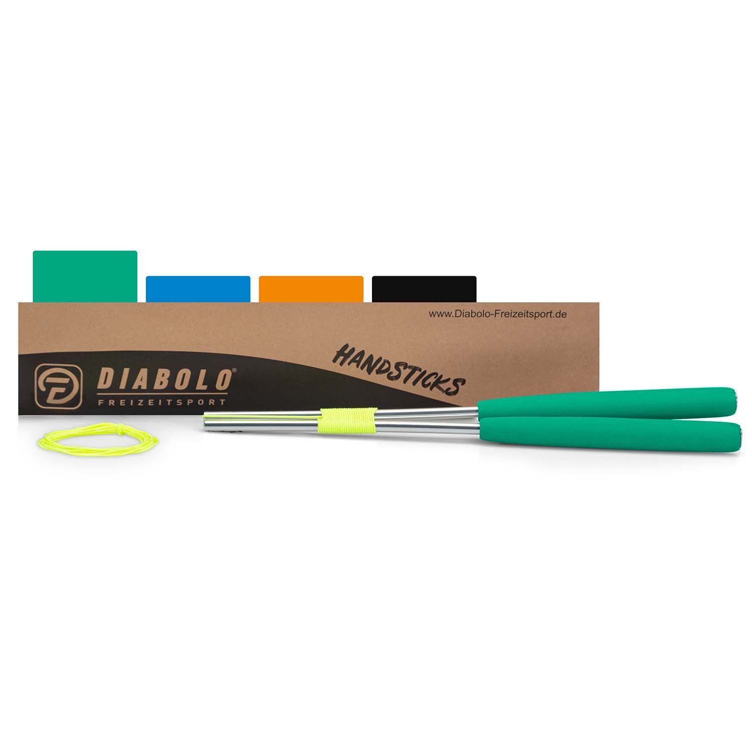 Diabolo Freizeitsport Diabolo Handstäbe aus Aluminium (32,5 cm) mit Ersatzschnur - in 4 Farben, (Set, 1-tlg), Diabolo Sticks (grün/silber) aus Alu mit Moosgummi Griff für Kinder