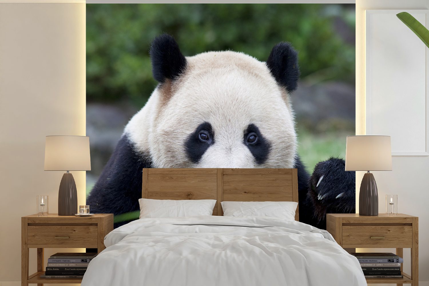 MuchoWow Fototapete Großer Panda - Gras - Steine, Matt, bedruckt, (5 St), Vinyl Tapete für Wohnzimmer oder Schlafzimmer, Wandtapete