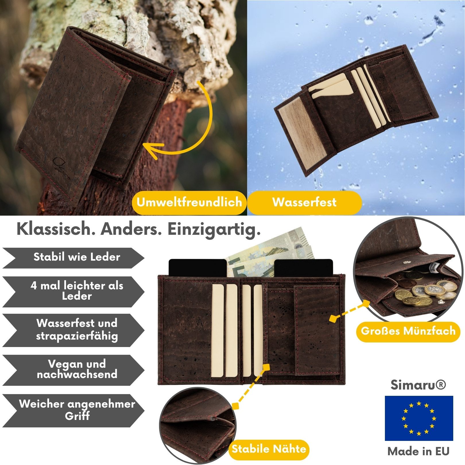Simaru Geldbörse Joel, Portmonee aus Kork, veganer RFID-Schutz, wasserdicht und langlebi