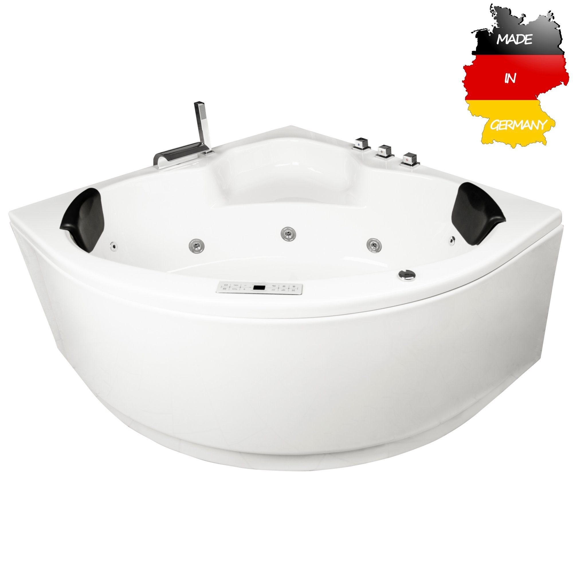 Basera® Whirlpool-Badewanne CLASSIC Indoor Eck-Whirlpool Badewanne Maui 130 x 130 cm, (Komplett-Set), mit 21 Massagedüsen, Wasserfall, LED, Touchpanel, Bluetooth und Radio