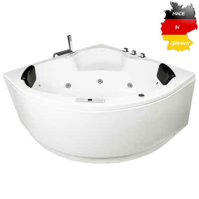 Basera® Whirlpool-Badewanne CLASSIC Indoor Eck-Whirlpool Badewanne Maui 130 x 130 cm, (Komplett-Set), mit 21 Massagedüsen, Wasserfall, LED, Touchpanel, Bluetooth und Radio