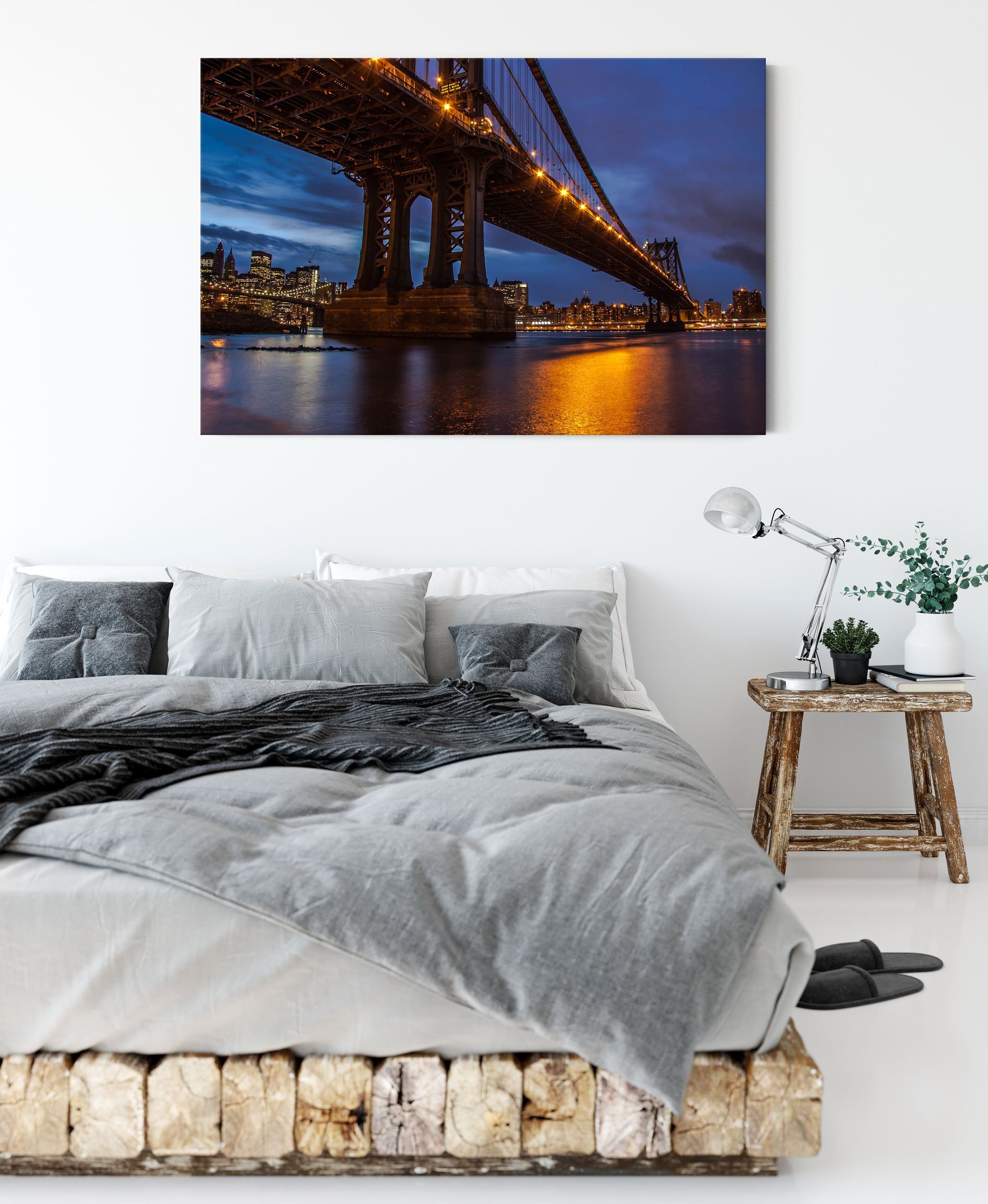 Manhatten Zackenaufhänger bespannt, (1 Brücke Manhatten Brücke New fertig New York Leinwandbild York, Leinwandbild St), inkl. Pixxprint