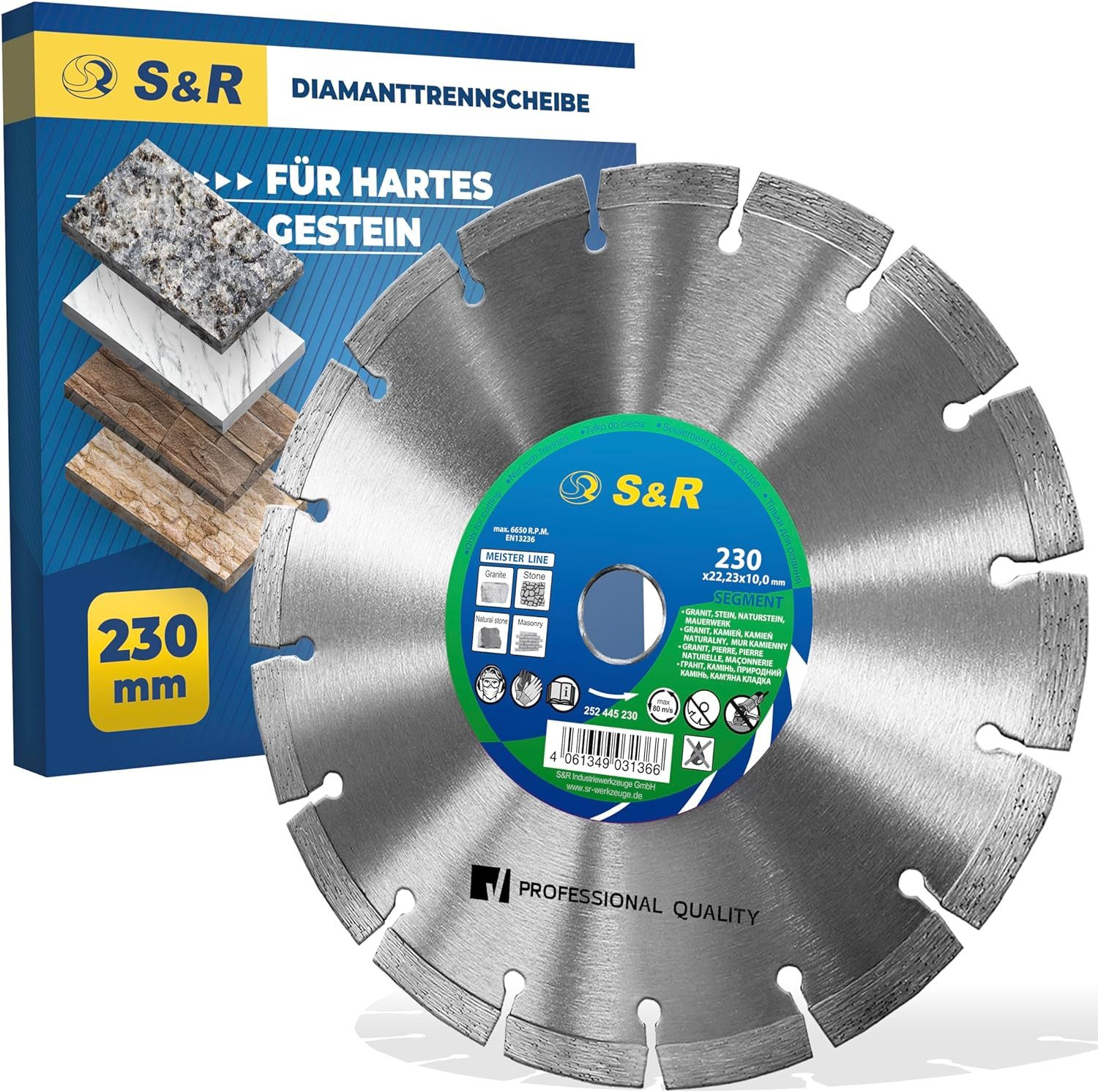 S&R Diamanttrennscheibe Industrie-Qualität, Trennscheibe 230 mm, lasergeschweißt zum Schneiden, Ø 230 mm, von hartem Granit, Stein, Marmor, Mauerwerk, für Winkelschleifer