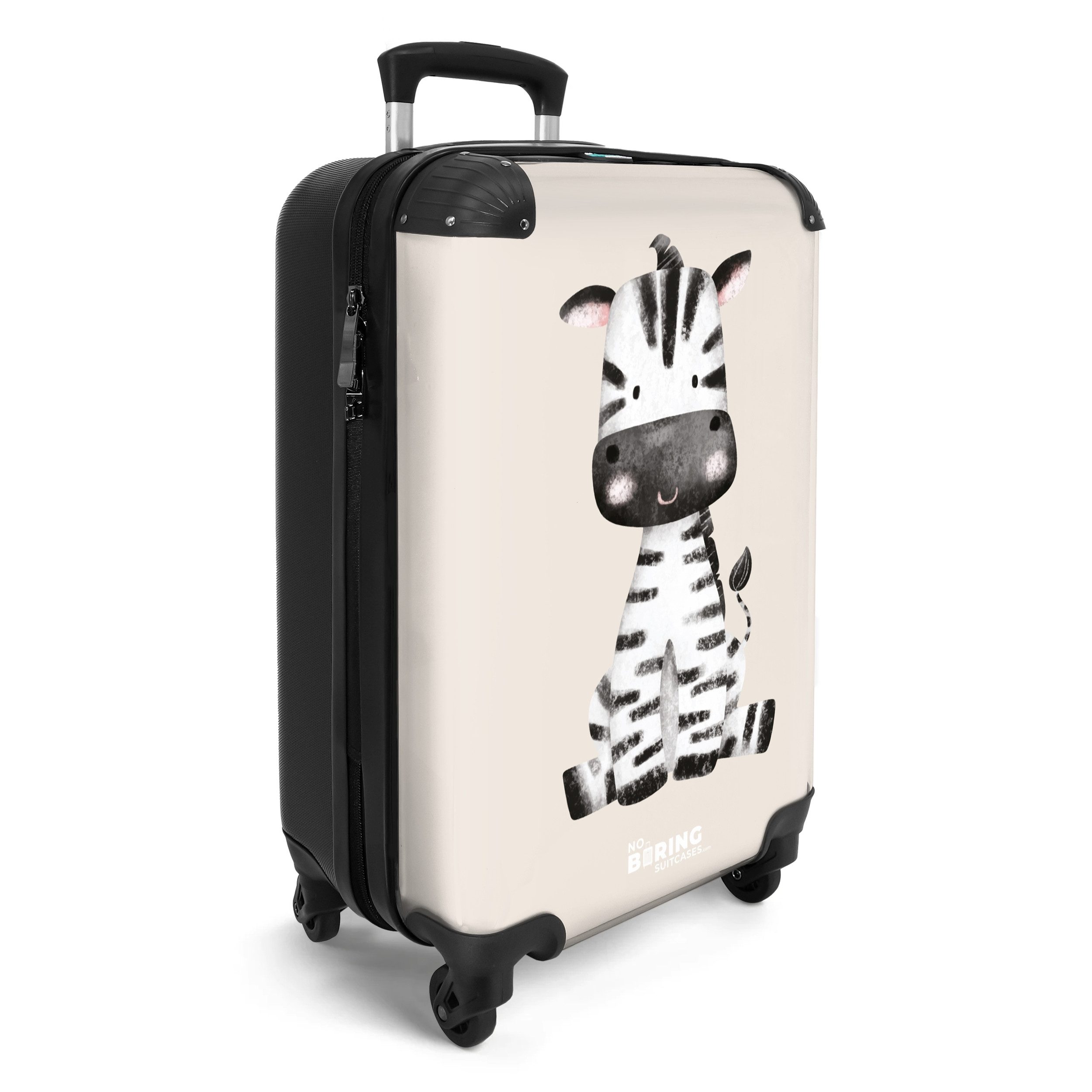 NoBoringSuitcases.com© Kinderkoffer Baby - Zebra Portraitzeichnung mit beigem Hintergrund 55x35x20cm, 4 Rollen, Kinder Koffer Klein, Trolley Handgepäck, Reisekoffer
