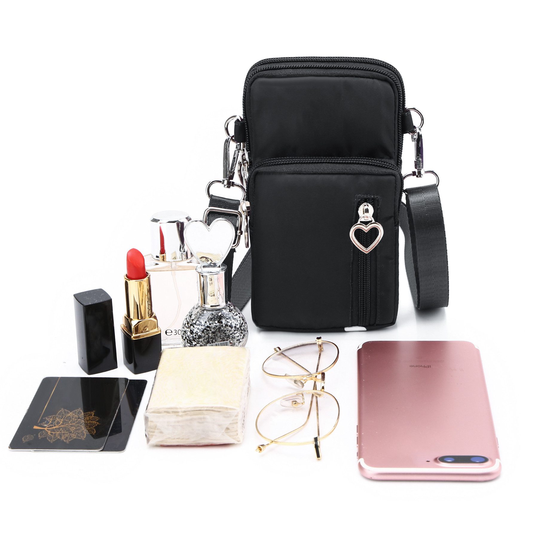 Mutig Umhängetasche Crossbody Tasche für Damen, Verstellbar Schultergurt (Nylon Handy Mini-Tasche, multifunktionale Handytasche, 1-tlg., Schultertasche, Kleine Umhängetasche, Mini Crossbody), Schultertasche zum Umhängen mit breitem Schultergurt und 3 Fächern