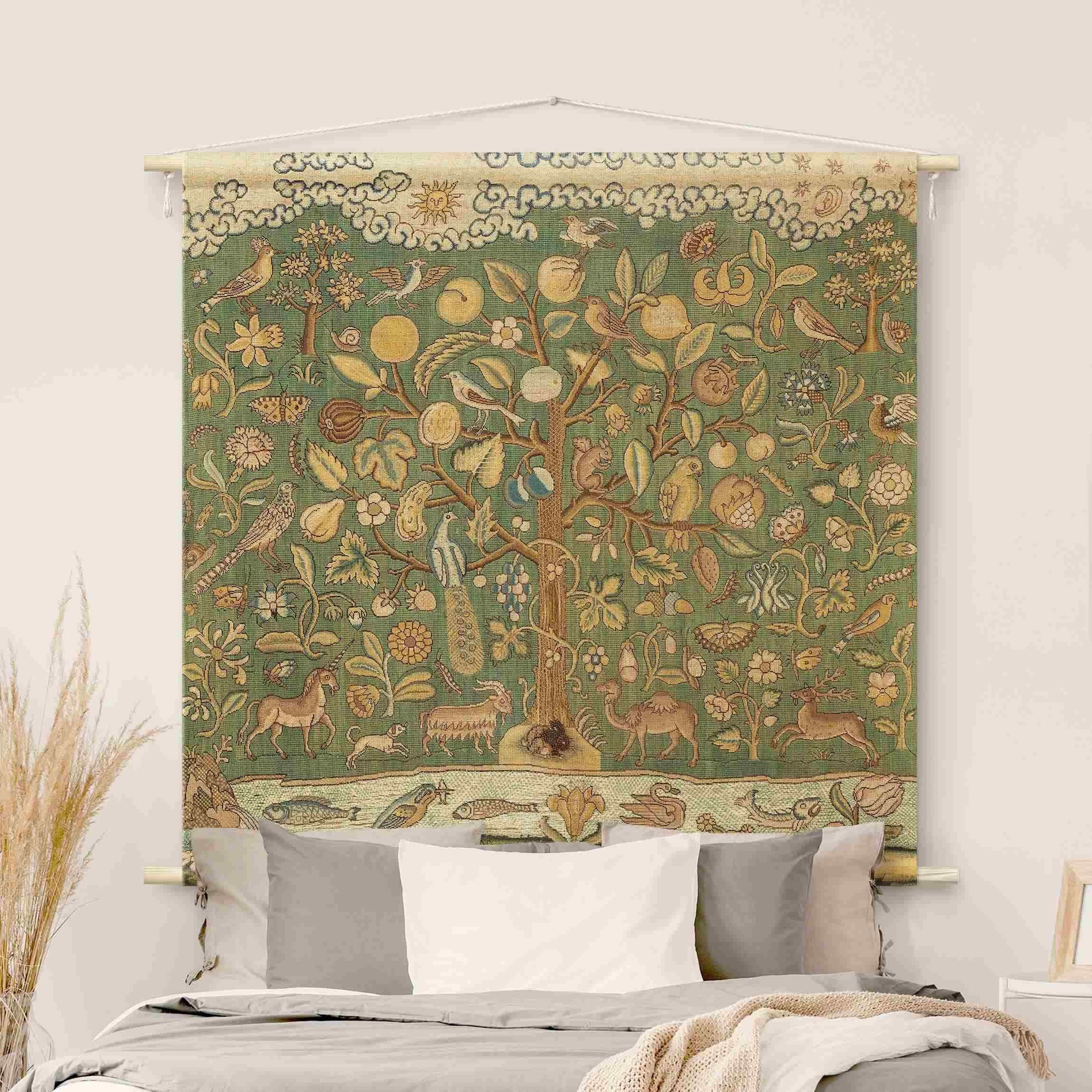 Bilderdepot24 Wandteppich modern Vintage Botanik Tiere Vögel grün, quadratisch, Höhe: 2.6 mm, großes Wandbild aus Natur-Baumwolle Wandbehang Stoffbild Tuch Wollseil
