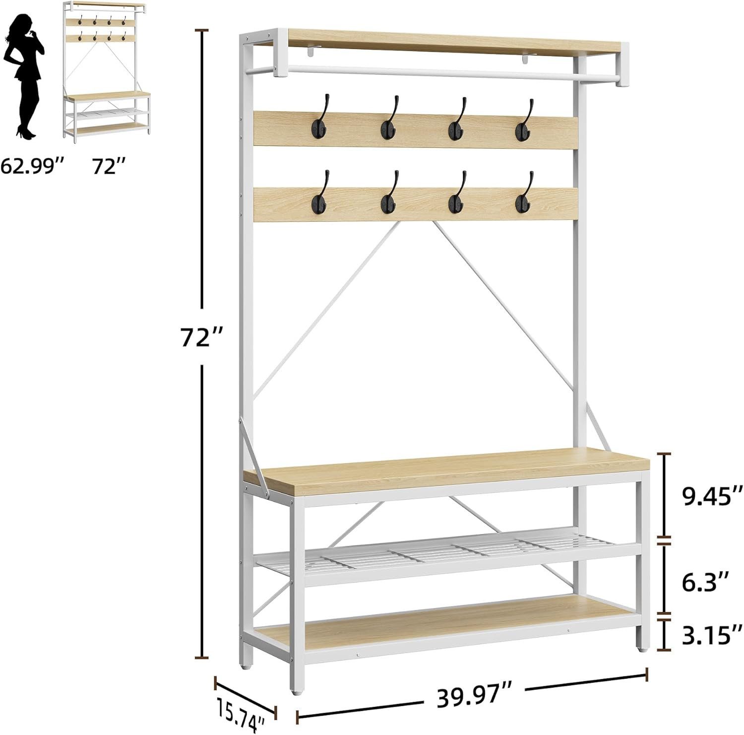 GarveeMore Garderobenständer 4-in-1 mit Sitzbank,3 Etagen Ablage und 8 Haken,183cm, mit Schuhbank,verstellbare Füße,Kleiderstange,101x40x183cm