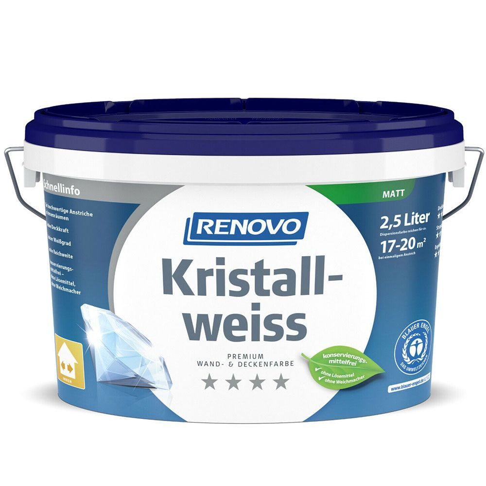 Renovo Wandfarbe Renovo Premium Wand- und Deckenfarbe Kristallweiss matt 2,5 Ltr.