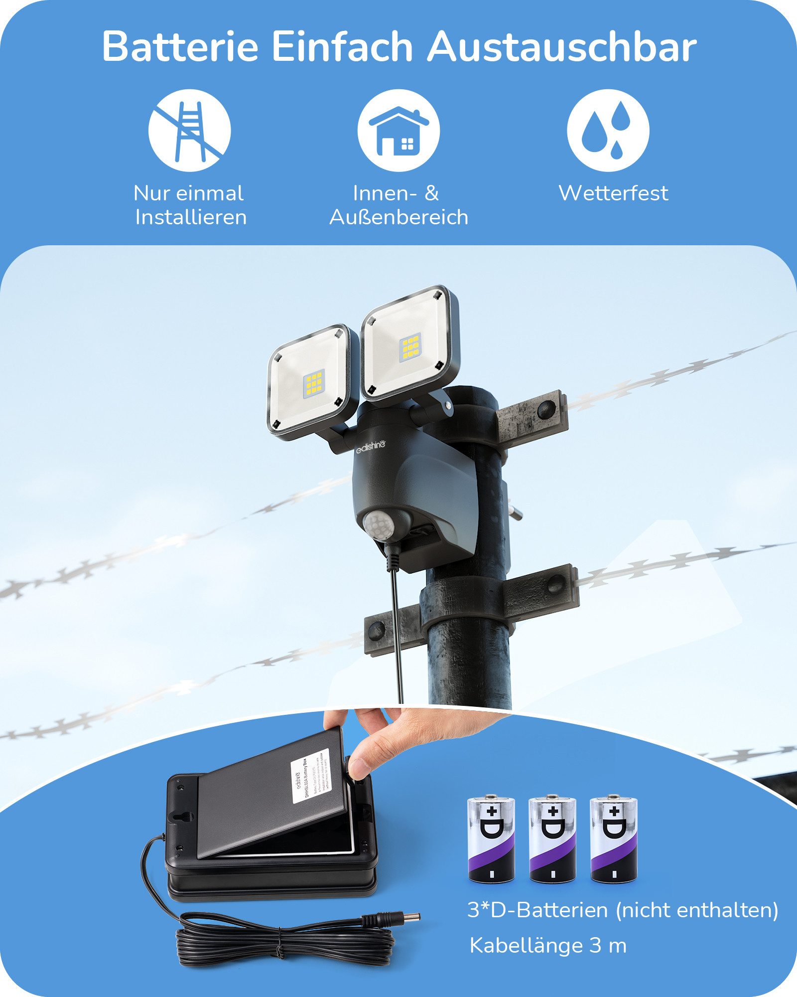 EDISHINE LED Wandstrahler mit Bewegungsmelder Außen, Batterie Strahler, LED fest integriert, LED-Strahler mit 2 Lampenköpfen, Schwenkbar – Bild 4 von 5