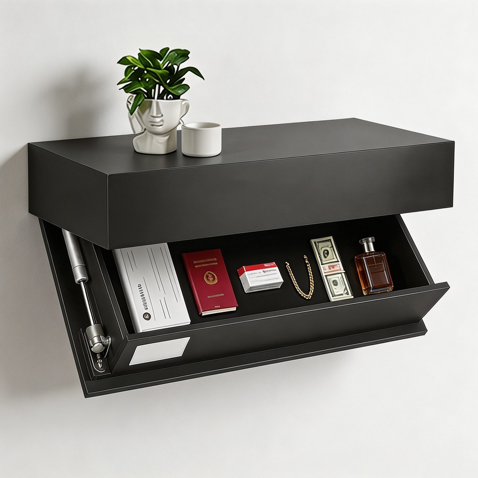BlingBin Wandregal Schweberegal 40 cm Schwarz mit verstecktem Klappfach, 1er Set 1-tlg., Wandboard mit Stauraum, für Flur/Wohnzimmer/Schlafzimmer