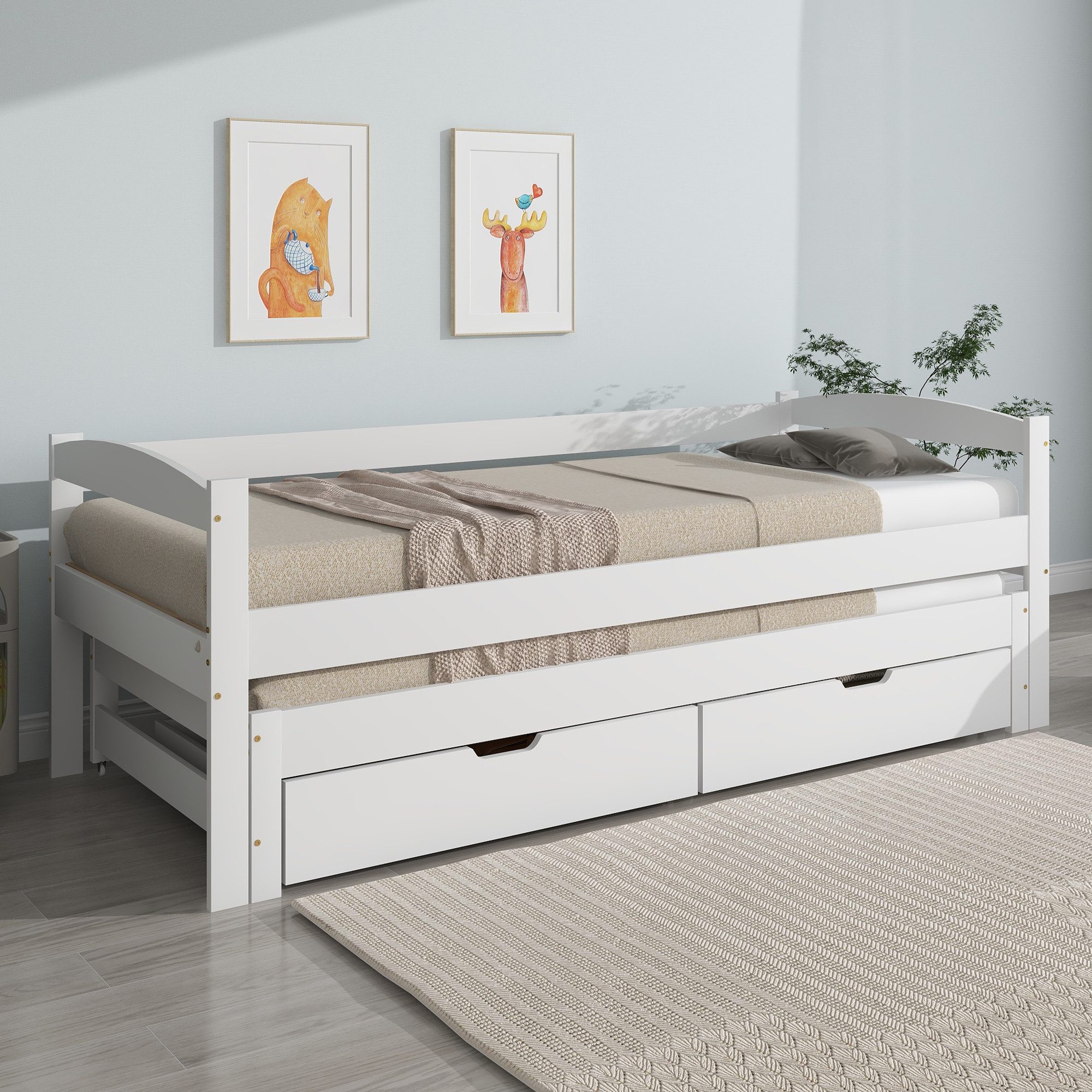 Flieks Kinderbett, Einzelbett 200x90cm mit Schiebebett 190x90cm und 2 Schubladen