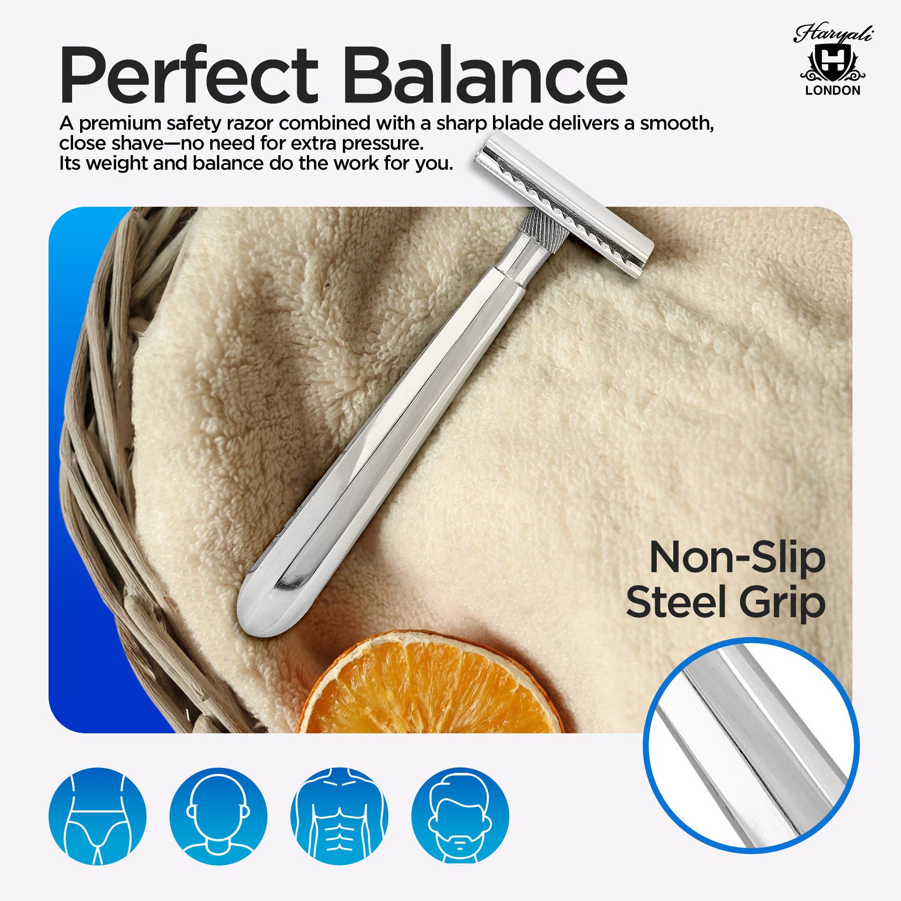 Haryali London Nassrasierer Doppelschneidiger Rasierhobel für Männer und Frauen, Edelstahl, leicht, Packung, Rutschfester Nassrasierer aus hochwertigem Edelstahl, Waschbarer, rutschfester Edelstahlgriff, bestes Rasierergebnis