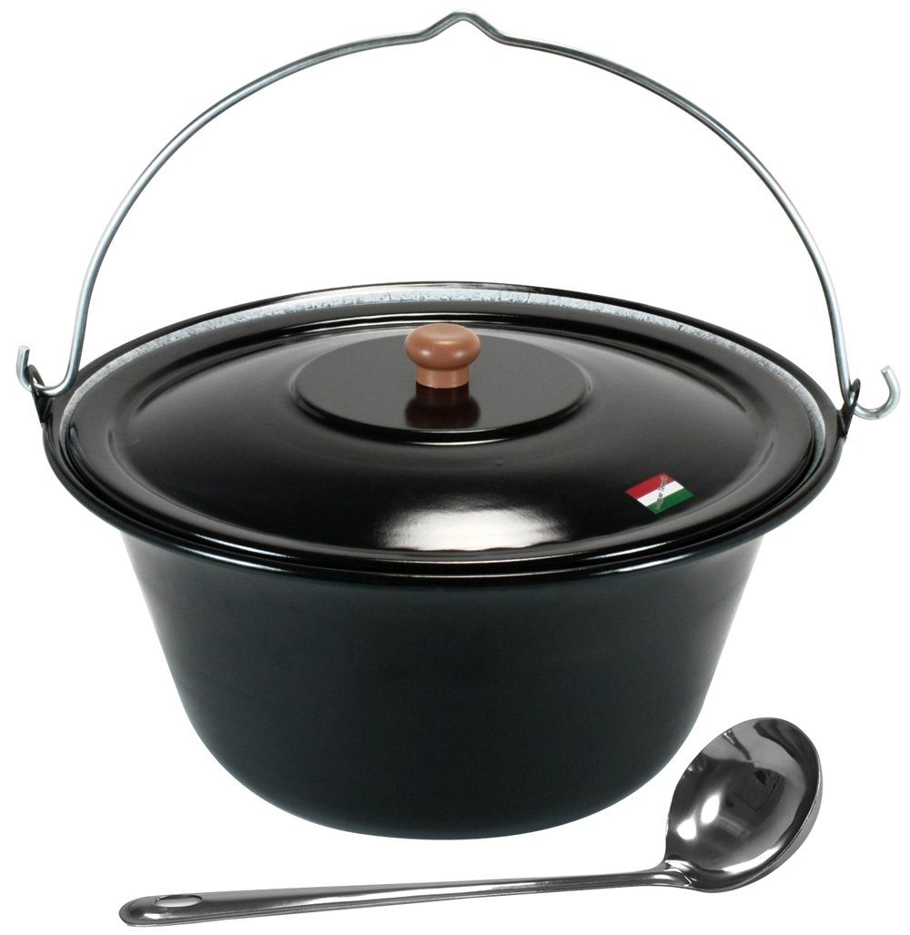 Grillplanet Holzkohlegrill Gulasch Kessel 10l emailliert mit Deckel und Schöpfkelle, Set