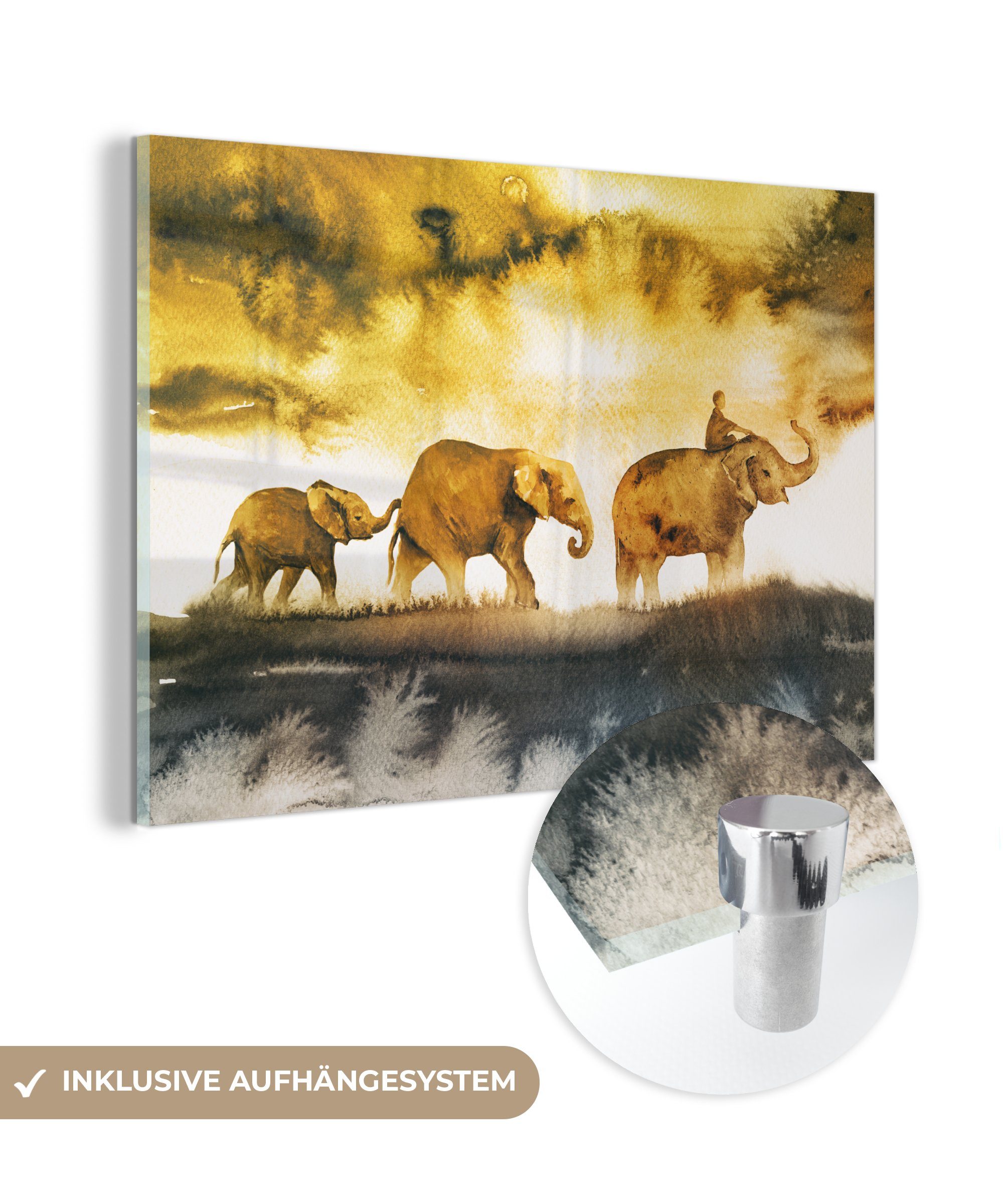 MuchoWow Acrylglasbild Elefanten - Aquarell - Gelb, (1 St), Glasbilder - Bilder auf Glas Wandbild - Foto auf Glas - Wanddekoration