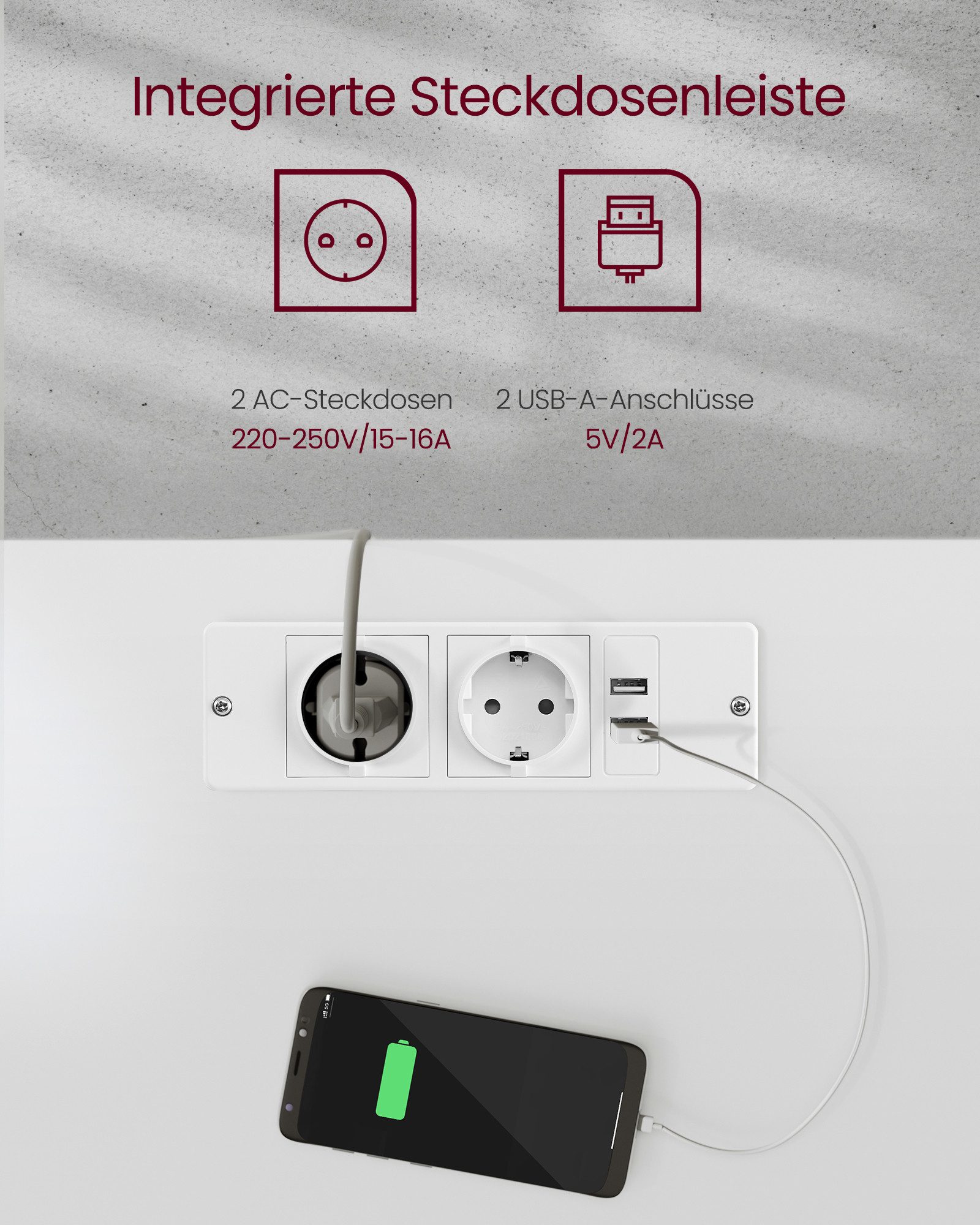 VASAGLE Schreibtisch höhenverstellbar, elektrisch, mit Steckdosen und Stoffschublade, Memory-Funktion mit 4 Höhen – Bild 5 von 5