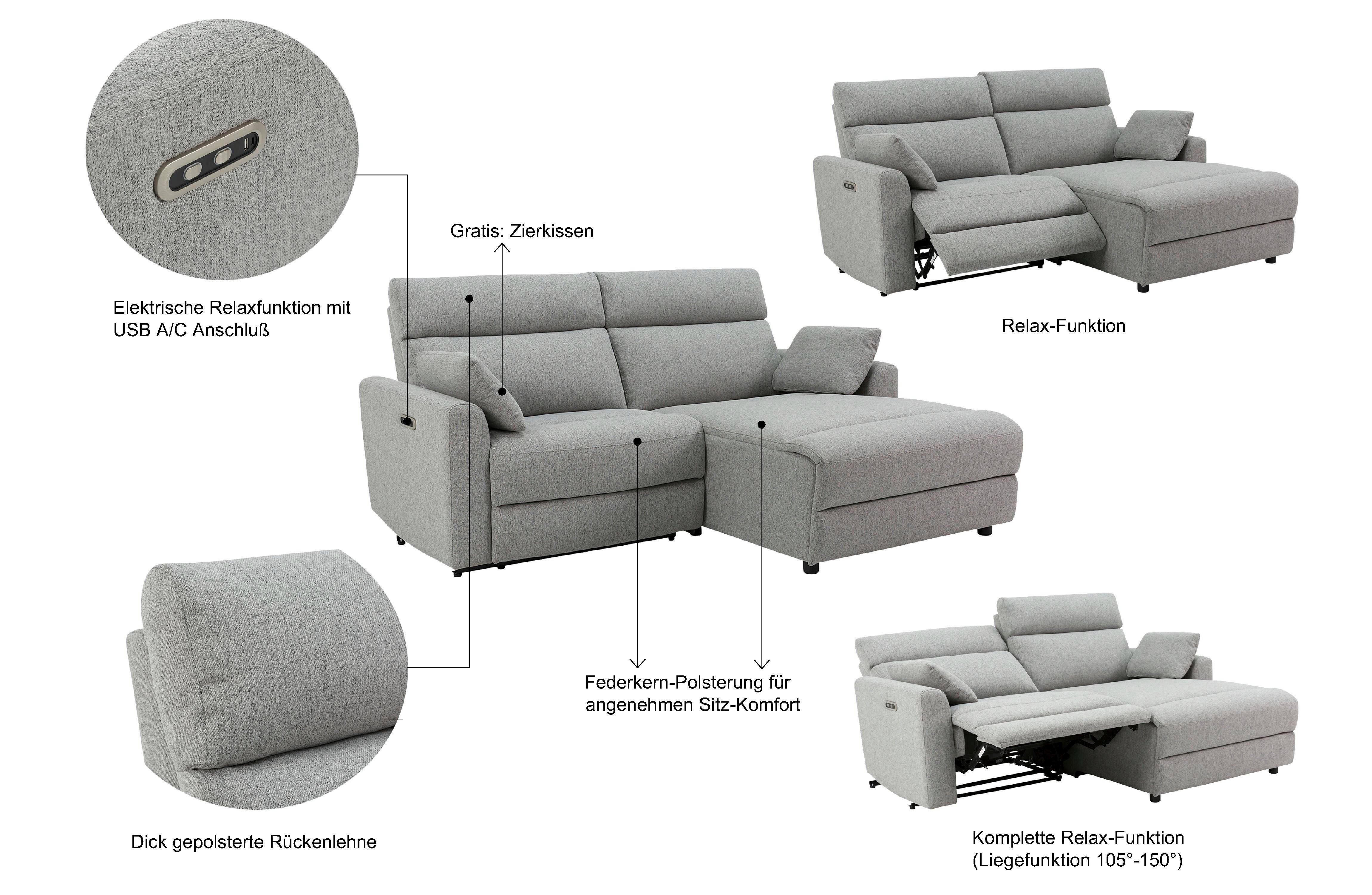 OTTO home Ecksofa JENNA L-Form, 209cm - OTTO. Verlässliche Qualität., manuelle o. elektrische Relaxfunktion, USB A/C, weicher Sitz, Cord.