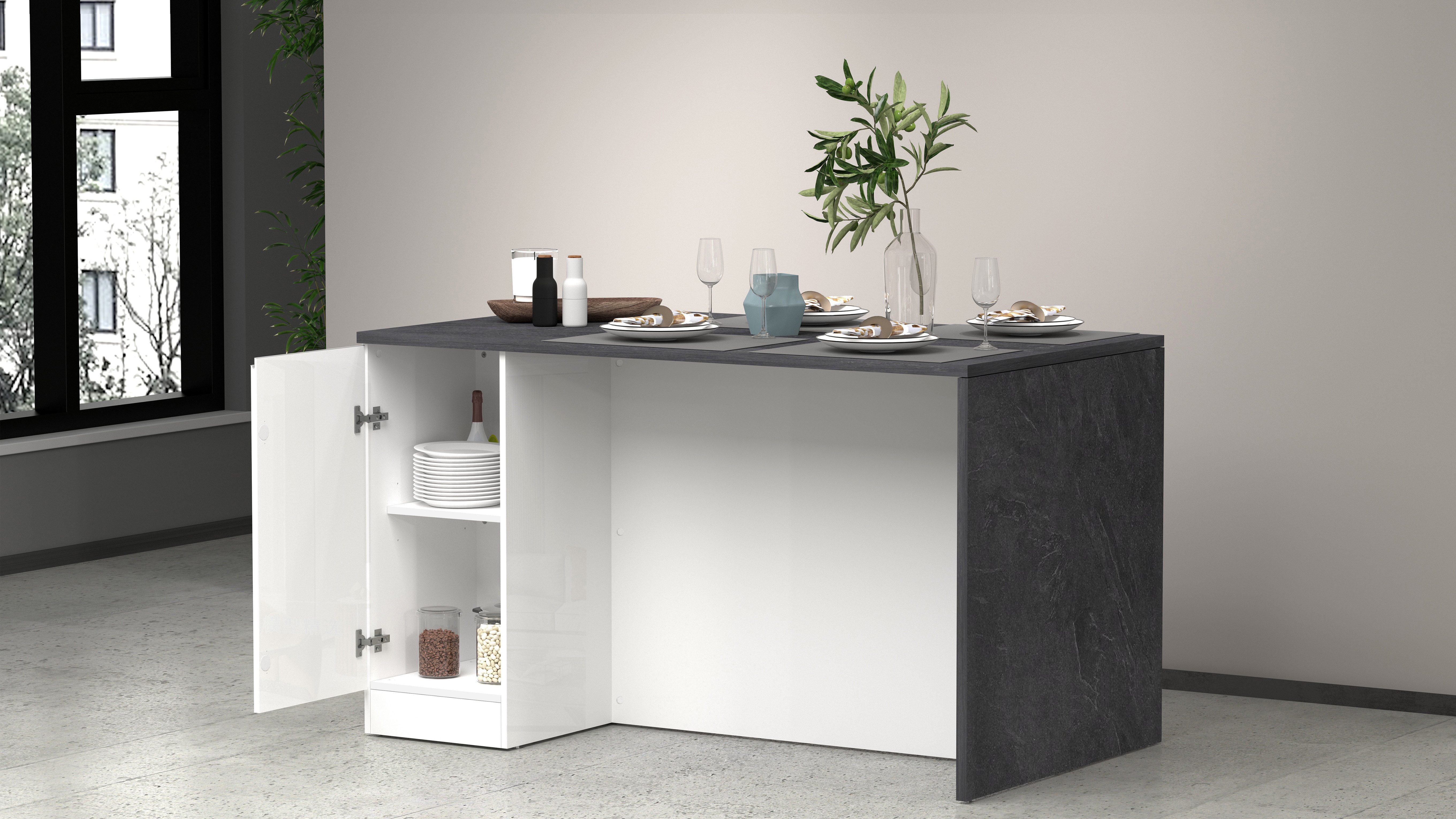 KOCHSTATION Kücheninsel Sole,Kochinsel,Küchenarbeitsblock,Inselküche,Arbeitsinsel, Breite 160 cm mit 2 Türen,4 Fächer, Arbeitsplatte, Aluminiumgriff