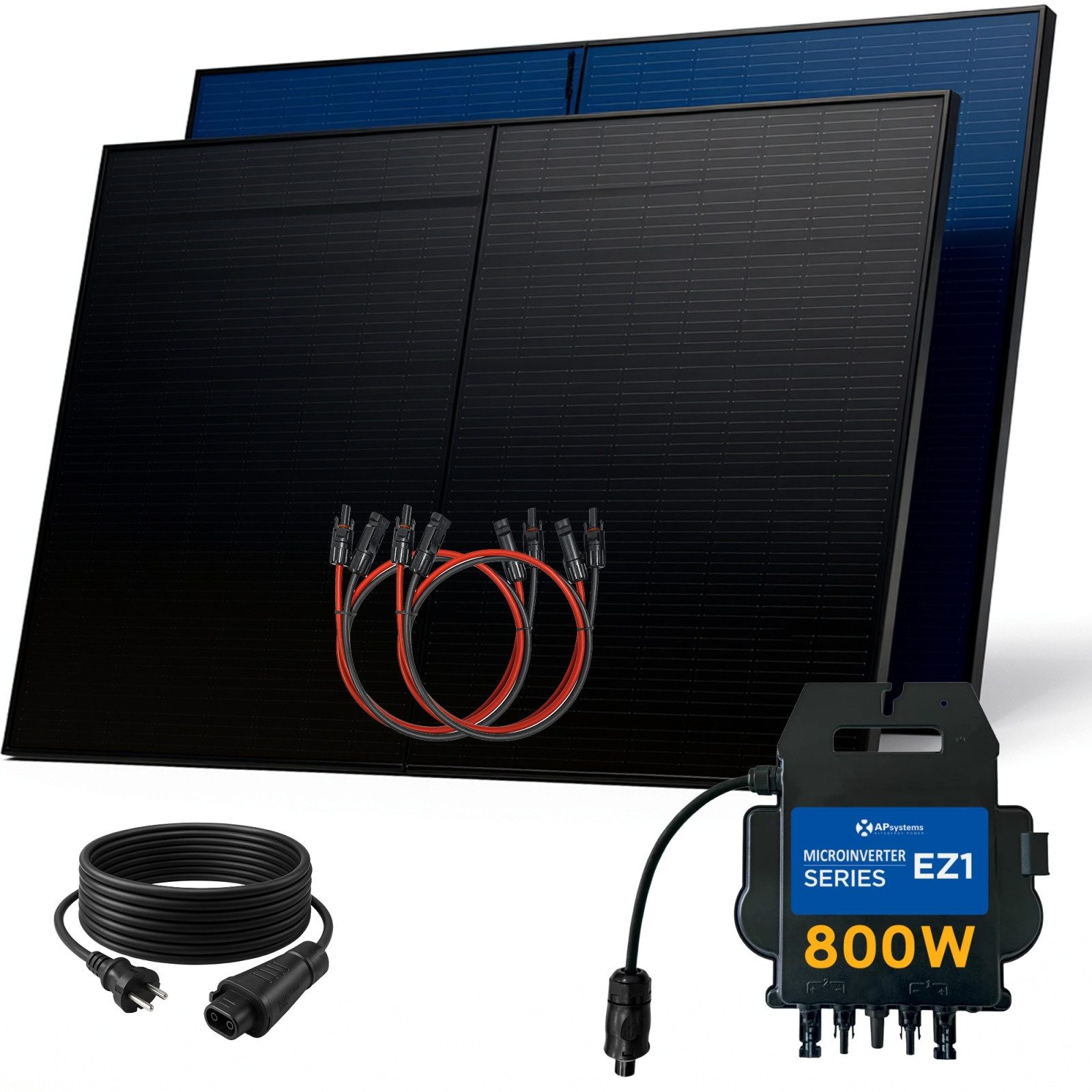 SUNNIVA Balkonkraftwerk 1000W BIFAZIAL FULLBLACK komplett Steckdose, (AP Systems EZ1-M 800 Watt Wechselrichter, Solaranlage Komplettset, 2x500W Glas-Glas Bifacial Solarmodule, 5m Kabel, 4x1m Solarkabel)