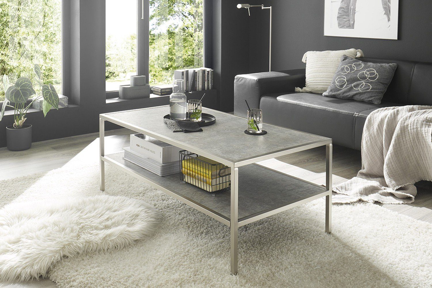 MCA furniture Couchtisch aus Glas in Keramik-Optik grau. Abmessungen (LxBxH) 60x110x45 cm