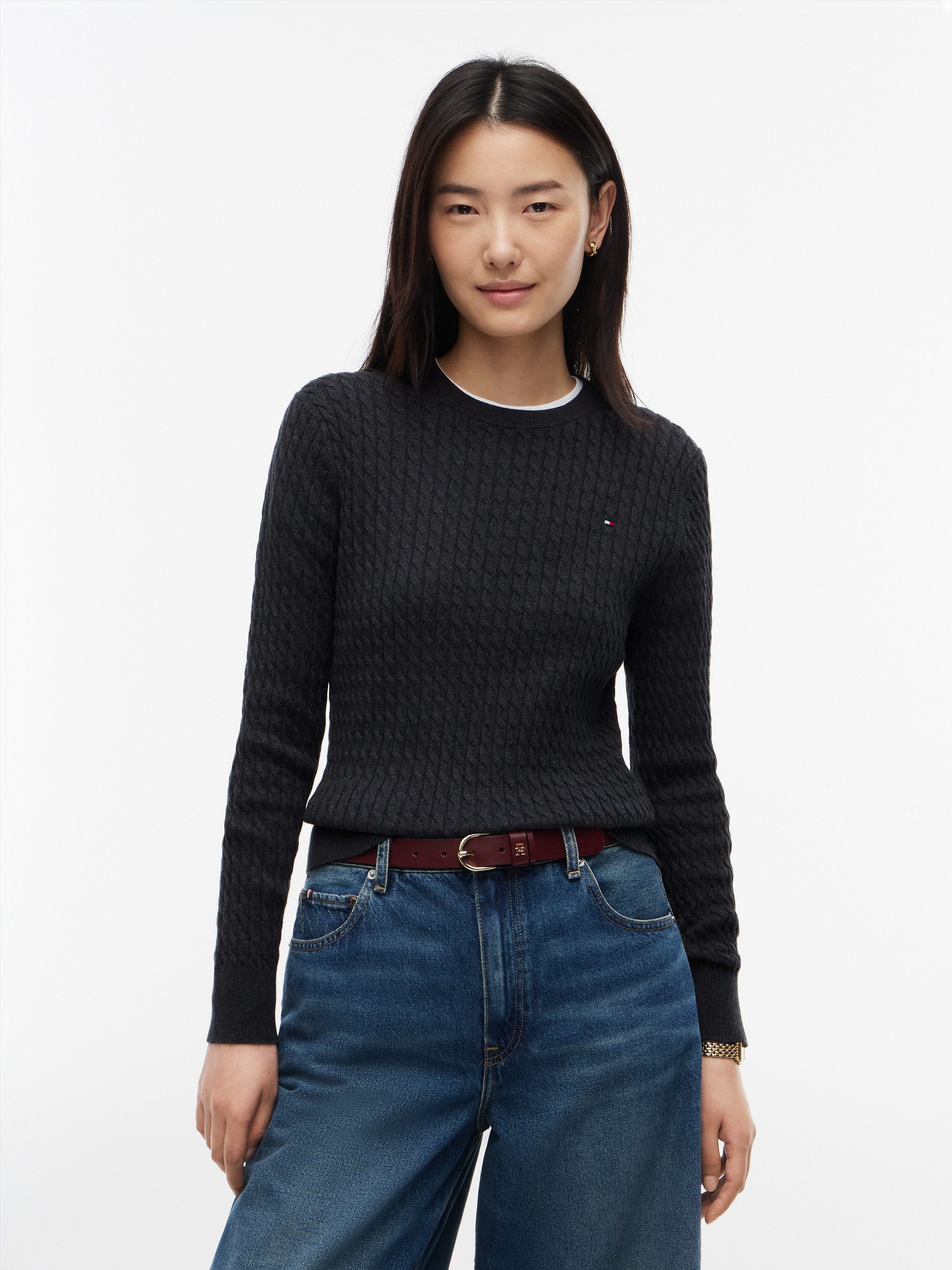 Tommy Hilfiger Rundhalspullover CO CABLE C-NK LS SWEATER Baumwolle, mit Zopfmuster, Regular Fit